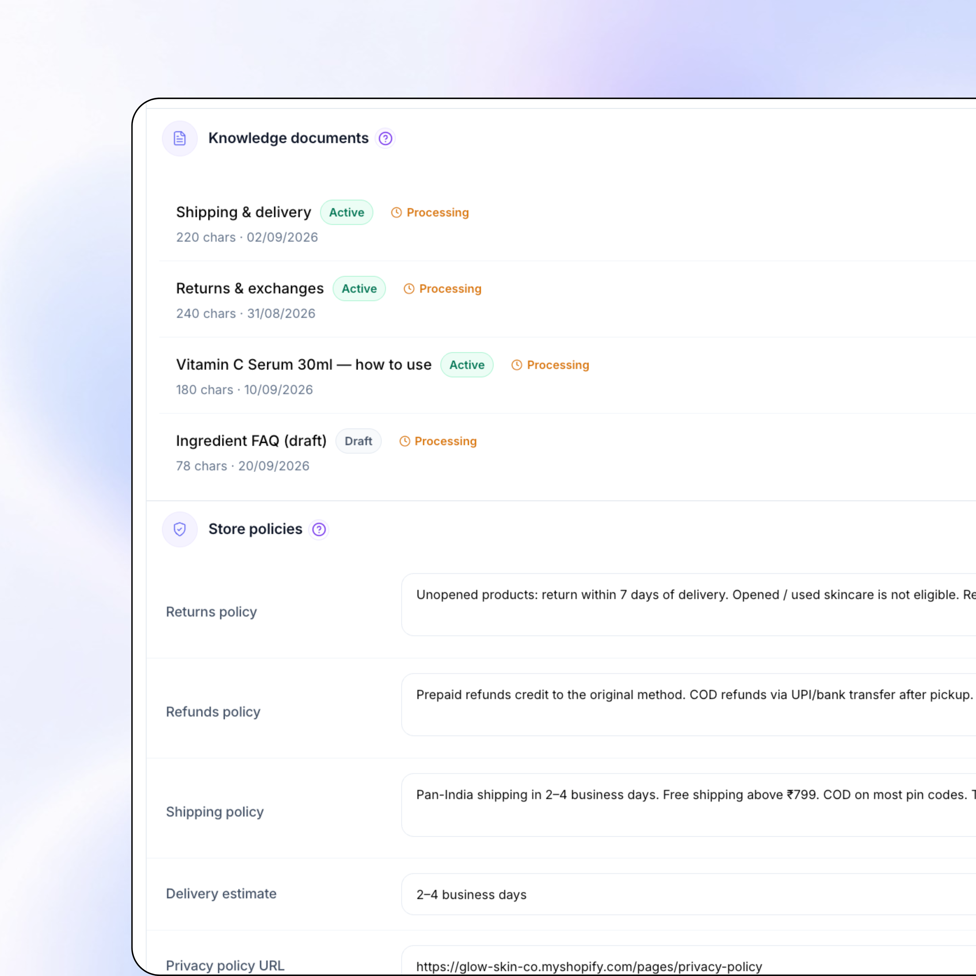 TopEdge store knowledge documents and Shopify store policies for WhatsApp AI