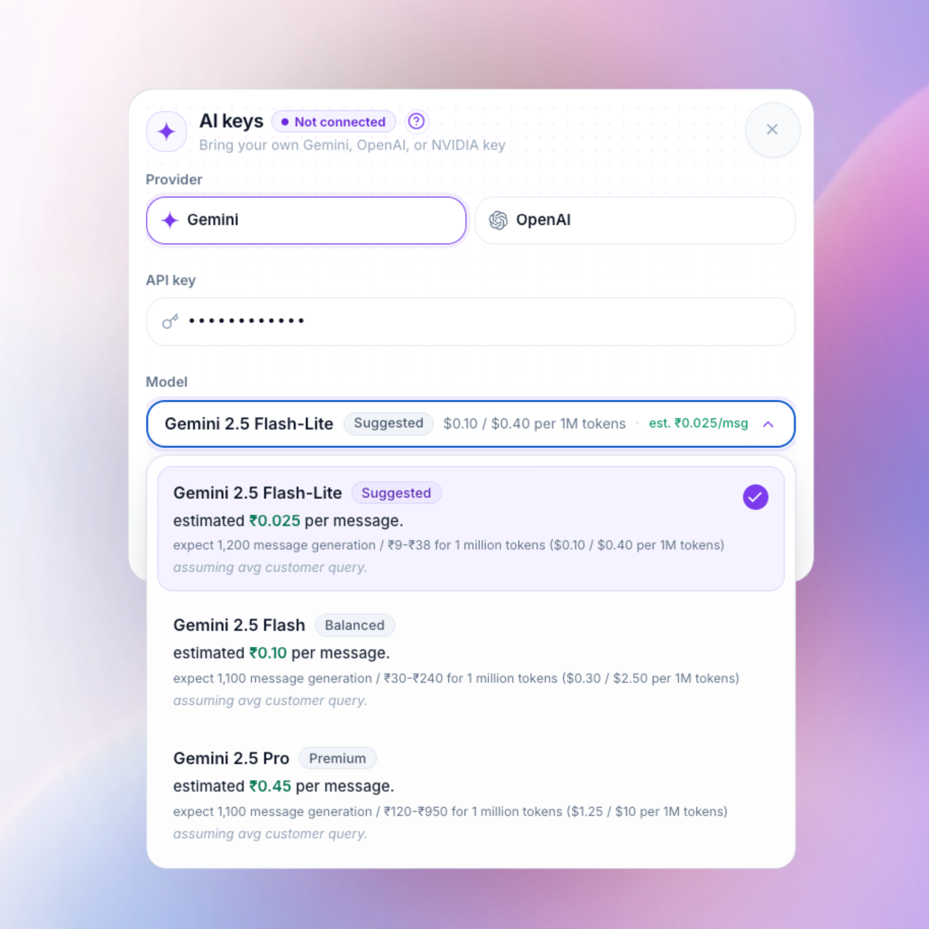 AI Brain BYOK settings, connect OpenAI, Claude, or Gemini API key for WhatsApp