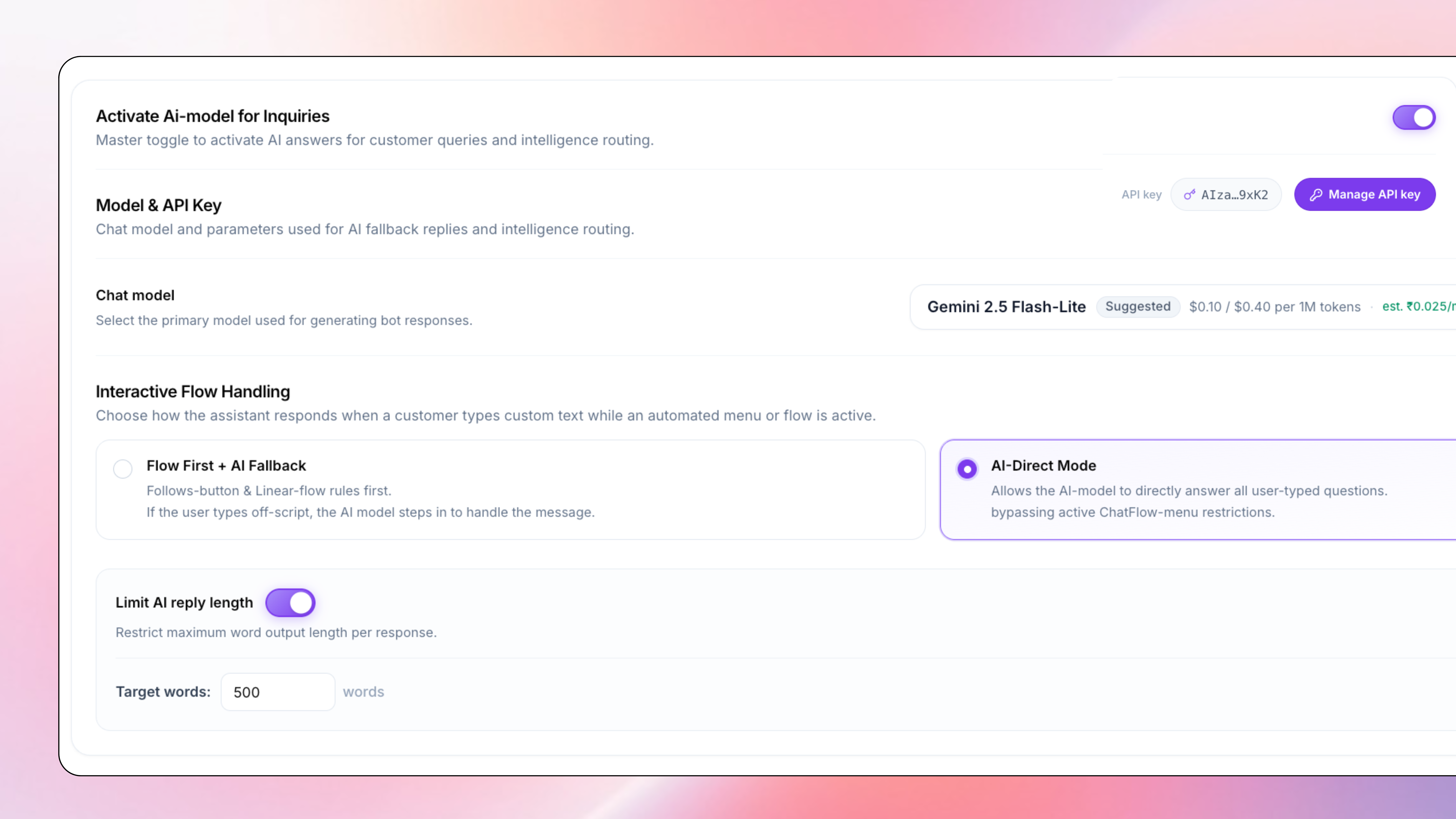 AI Brain BYOK settings, OpenAI, Claude, or Gemini key for WhatsApp AI