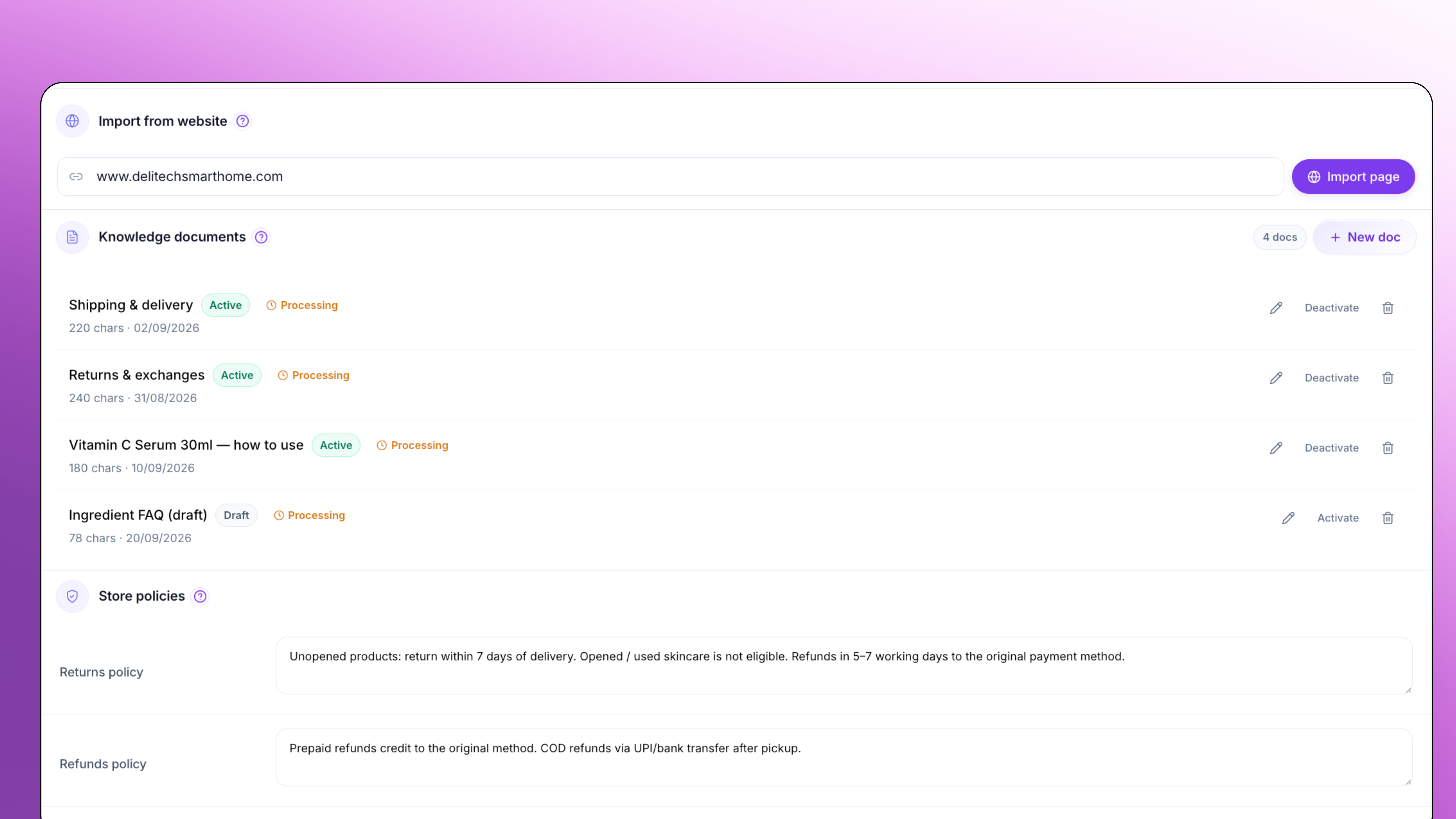 Store knowledge base and bot persona for catalog-grounded WhatsApp AI