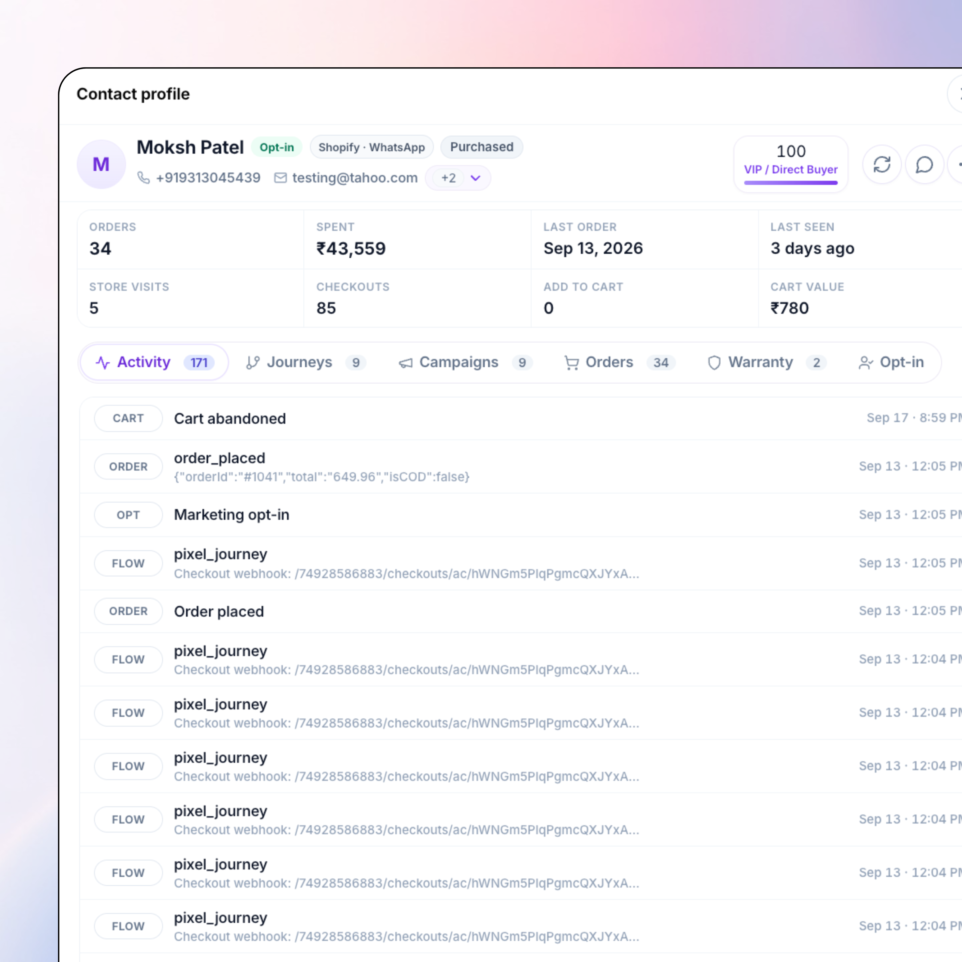 Audience CRM unified timeline, Shopify orders and WhatsApp chats on one contact