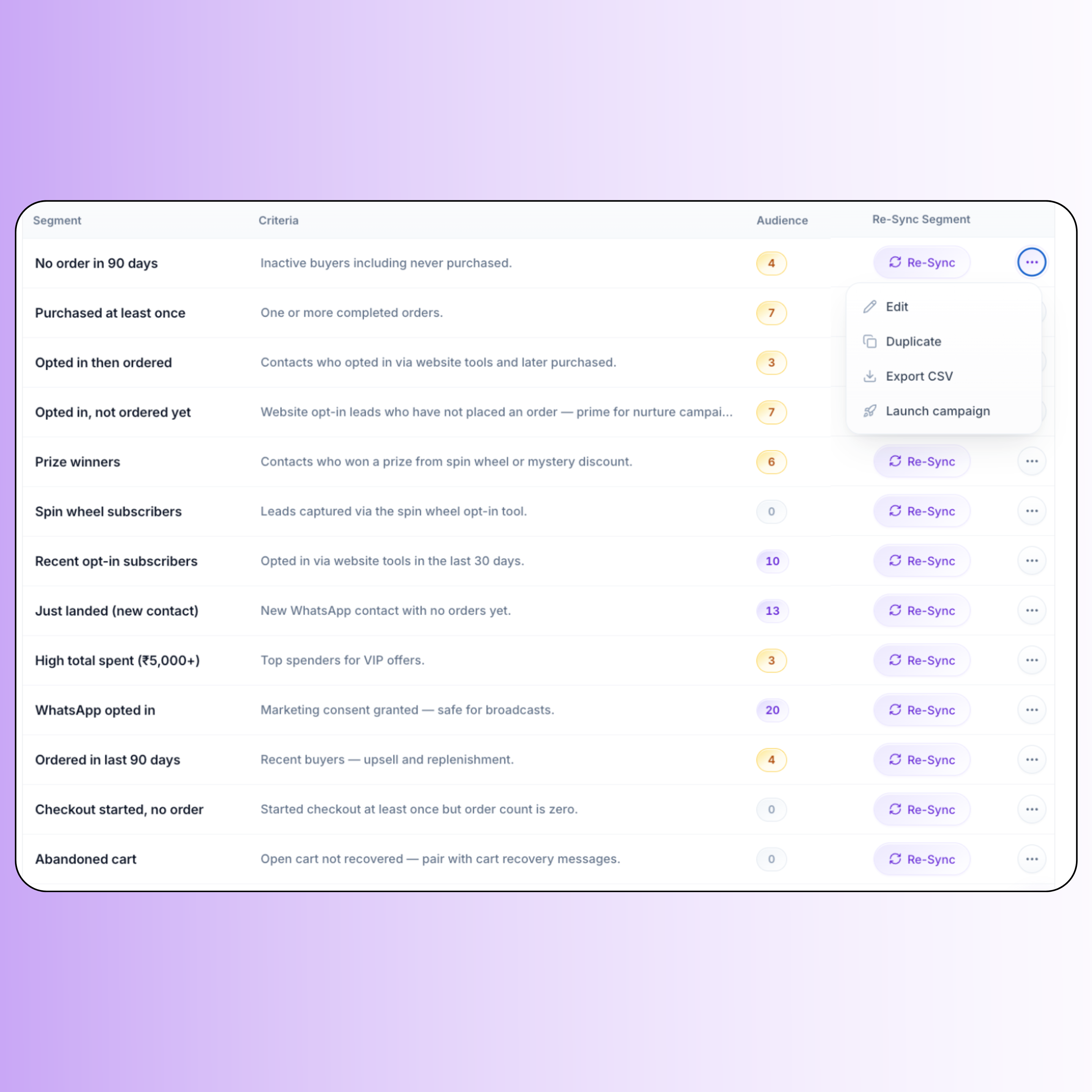 In-product WhatsApp audience segment builder for Shopify CRM
