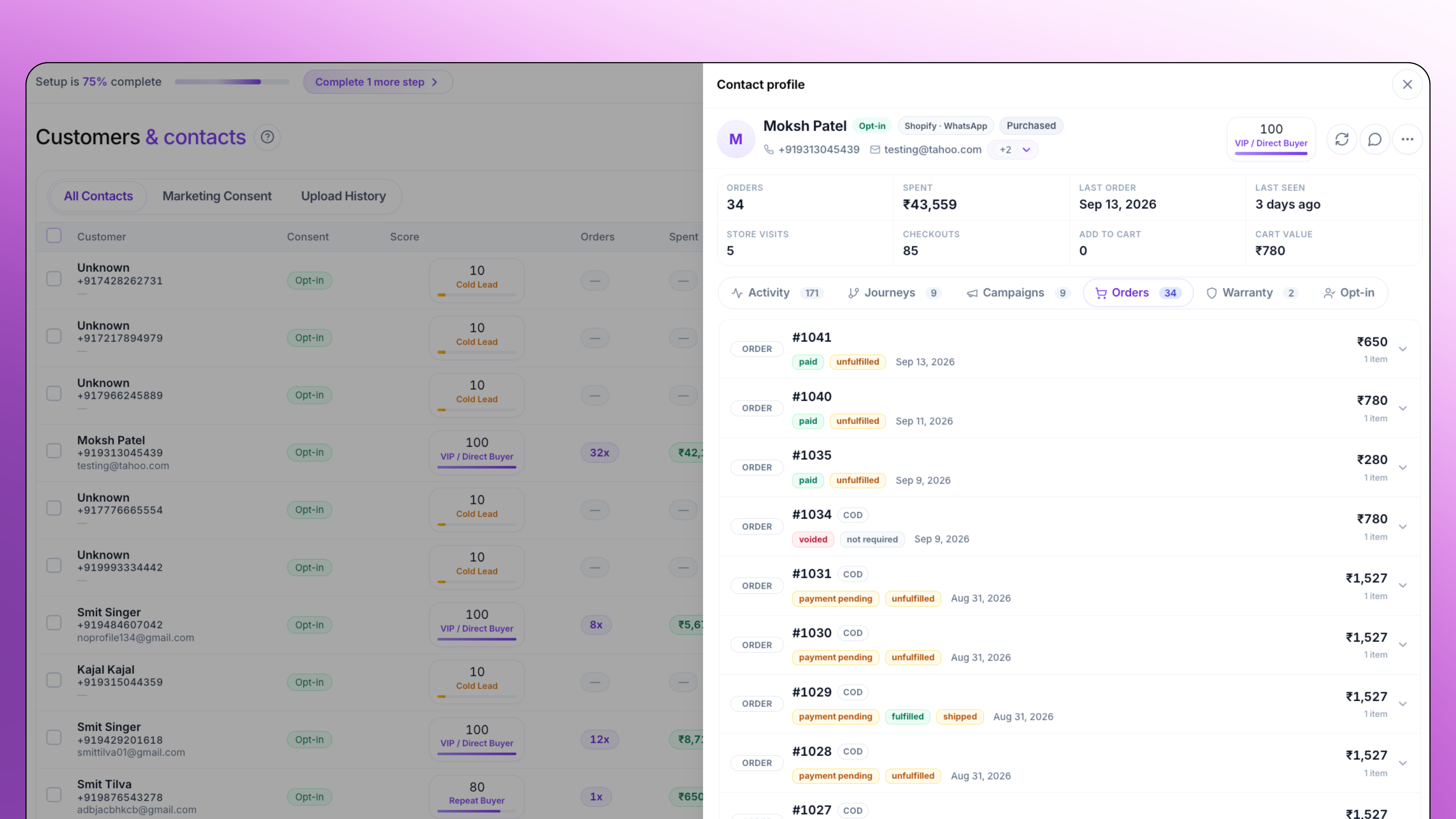 Customer 360, Shopify orders, WhatsApp chats, and campaign history