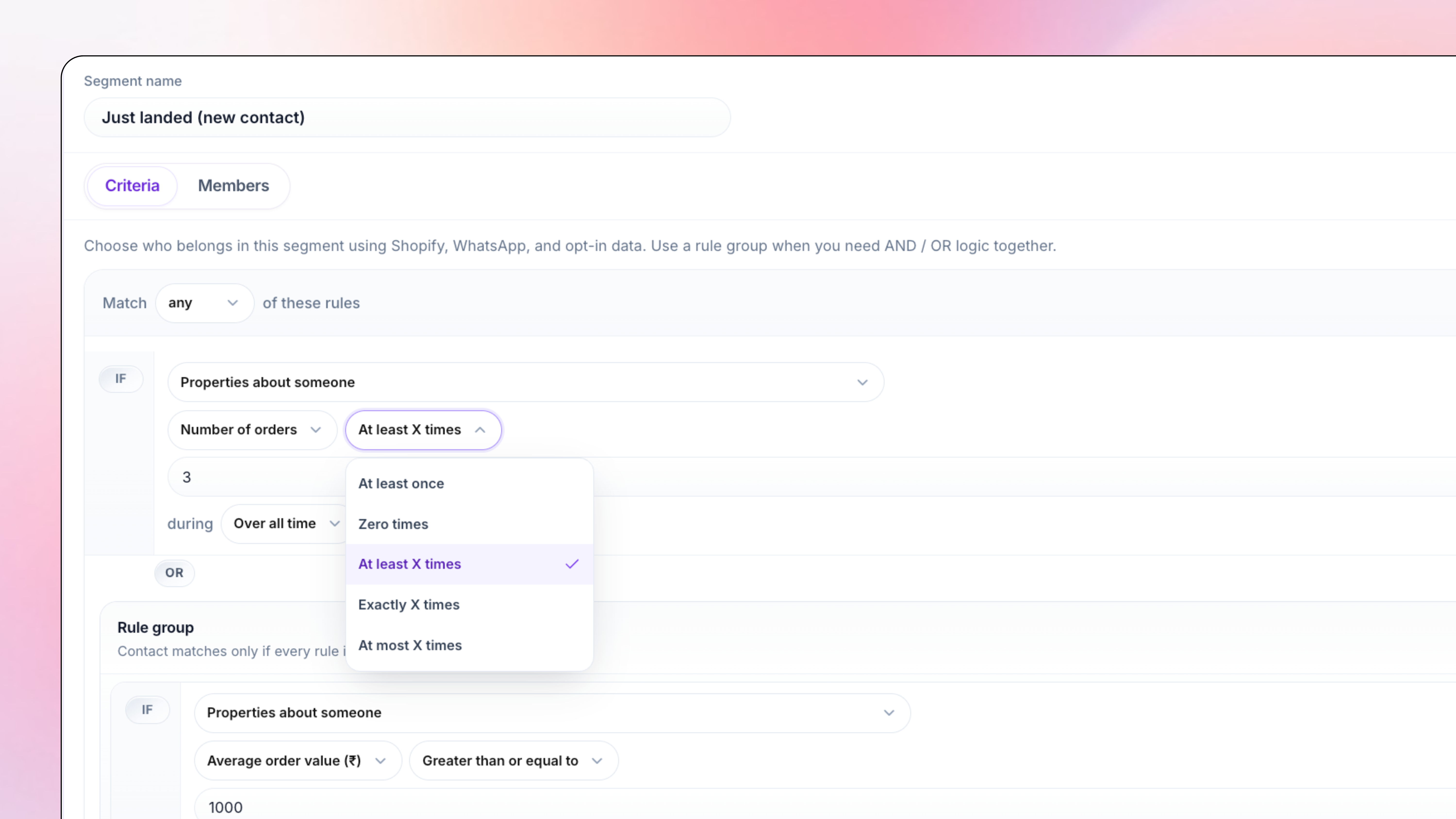 Segment builder in TopEdge Audience CRM for WhatsApp campaigns