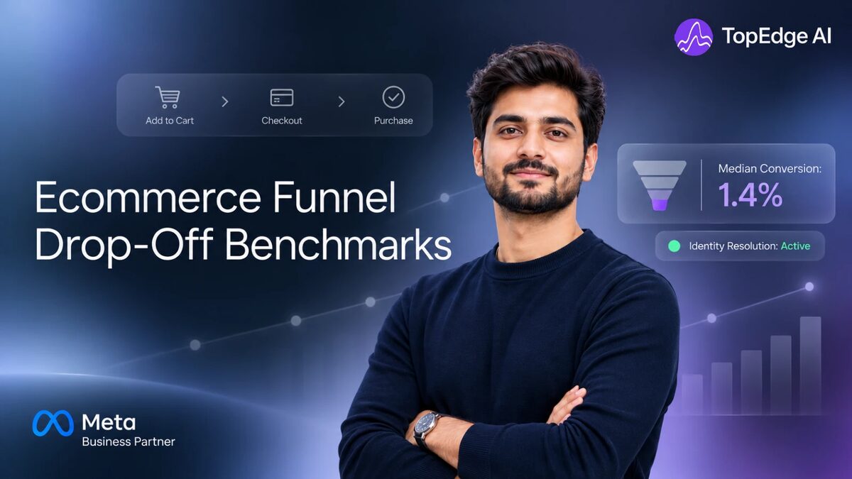 Ecommerce funnel drop-off benchmarks 2026: Shopify add to cart rate 6.8%, about 43% of carts starting checkout, 49% checkout completion and 1.4% conversion