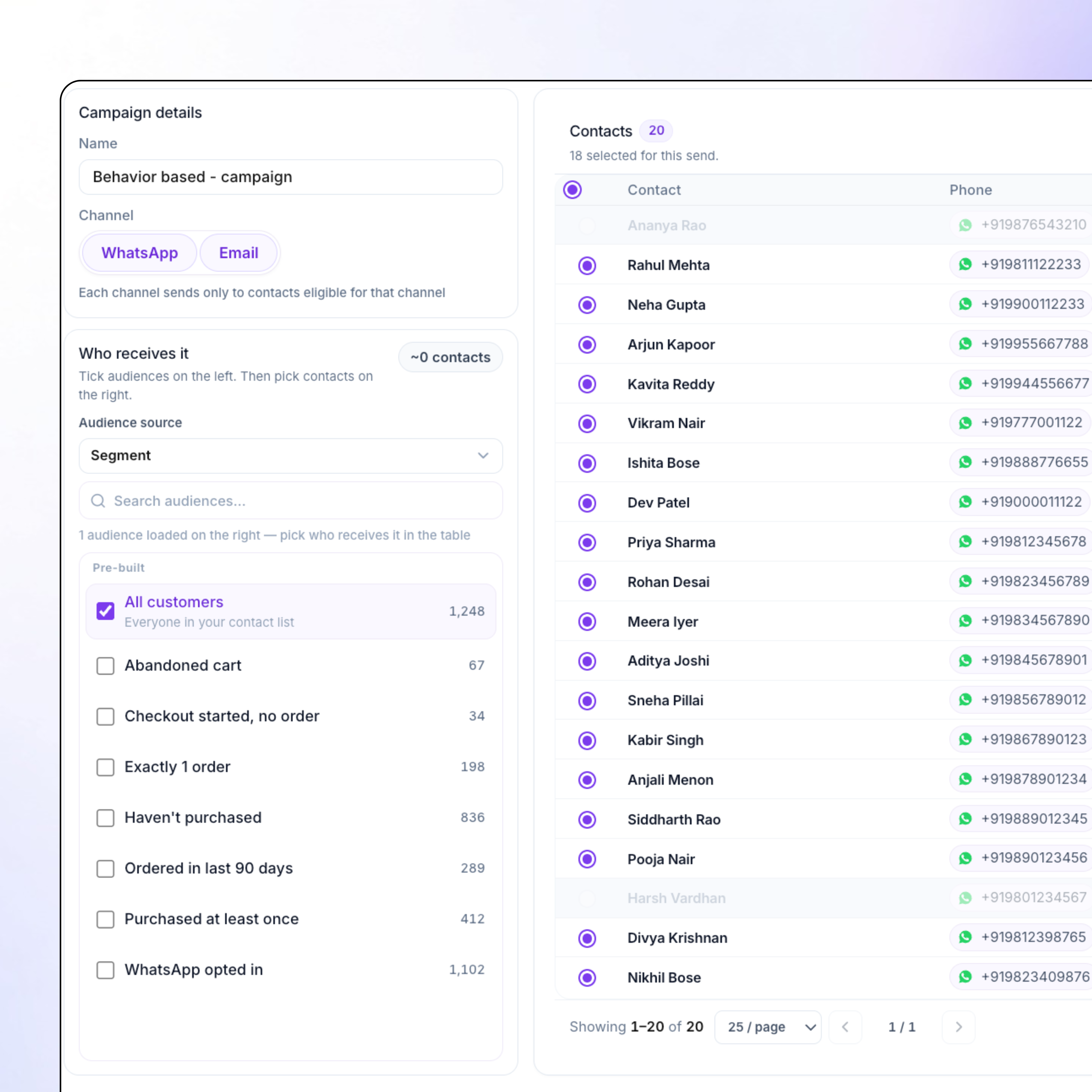 WhatsApp campaign behavior segments from Shopify purchase and intent data