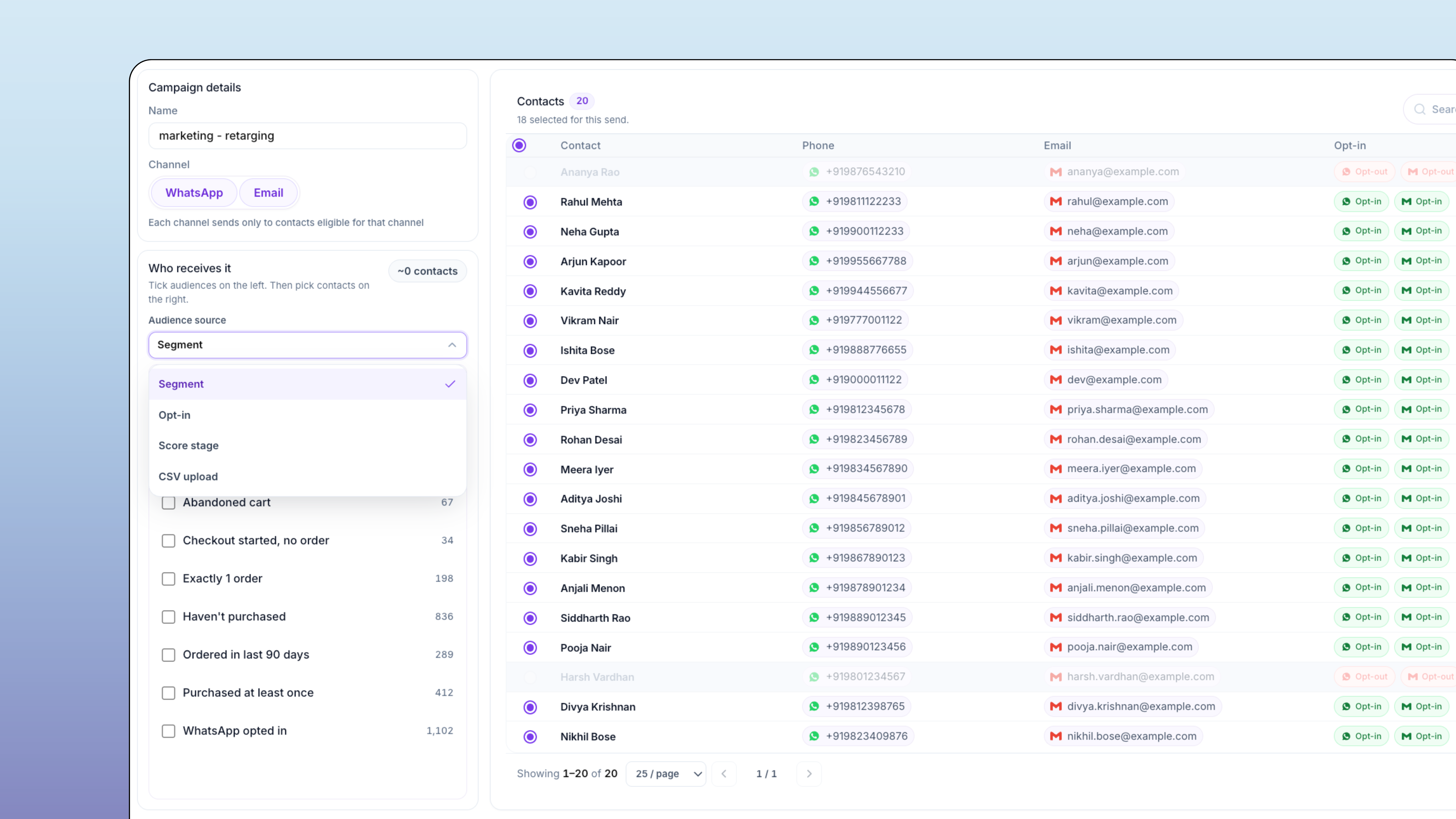 WhatsApp campaign audience builder with lead scoring for Shopify
