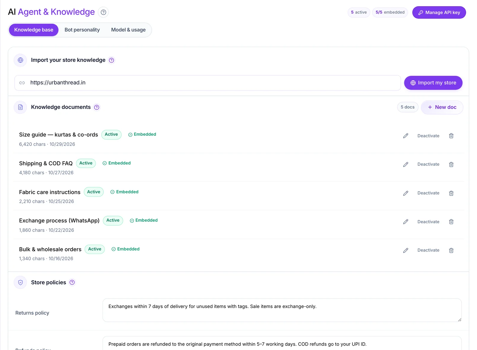 AI page with the store knowledge editor and persona settings
