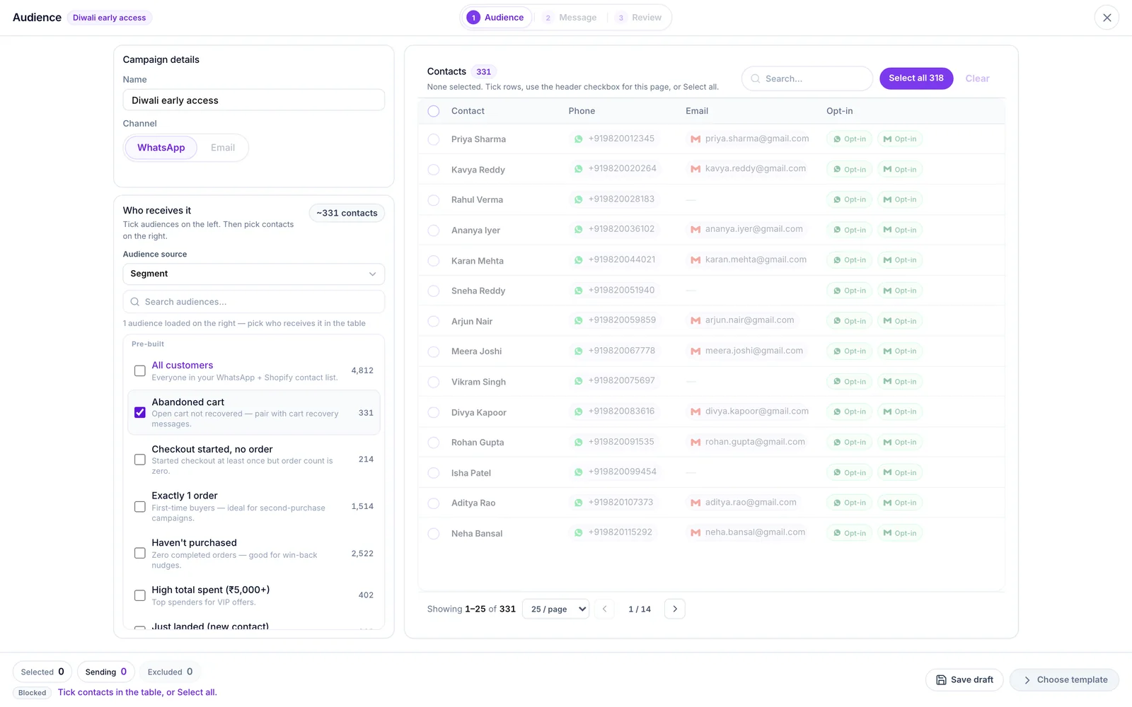 Campaign builder on the audience and template step