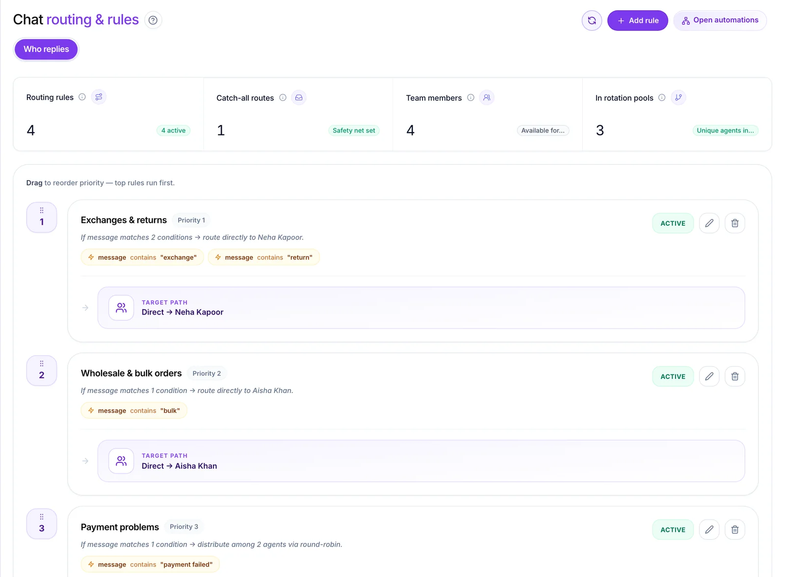 Automation Hub Routing tab with agent assignment and escalation settings
