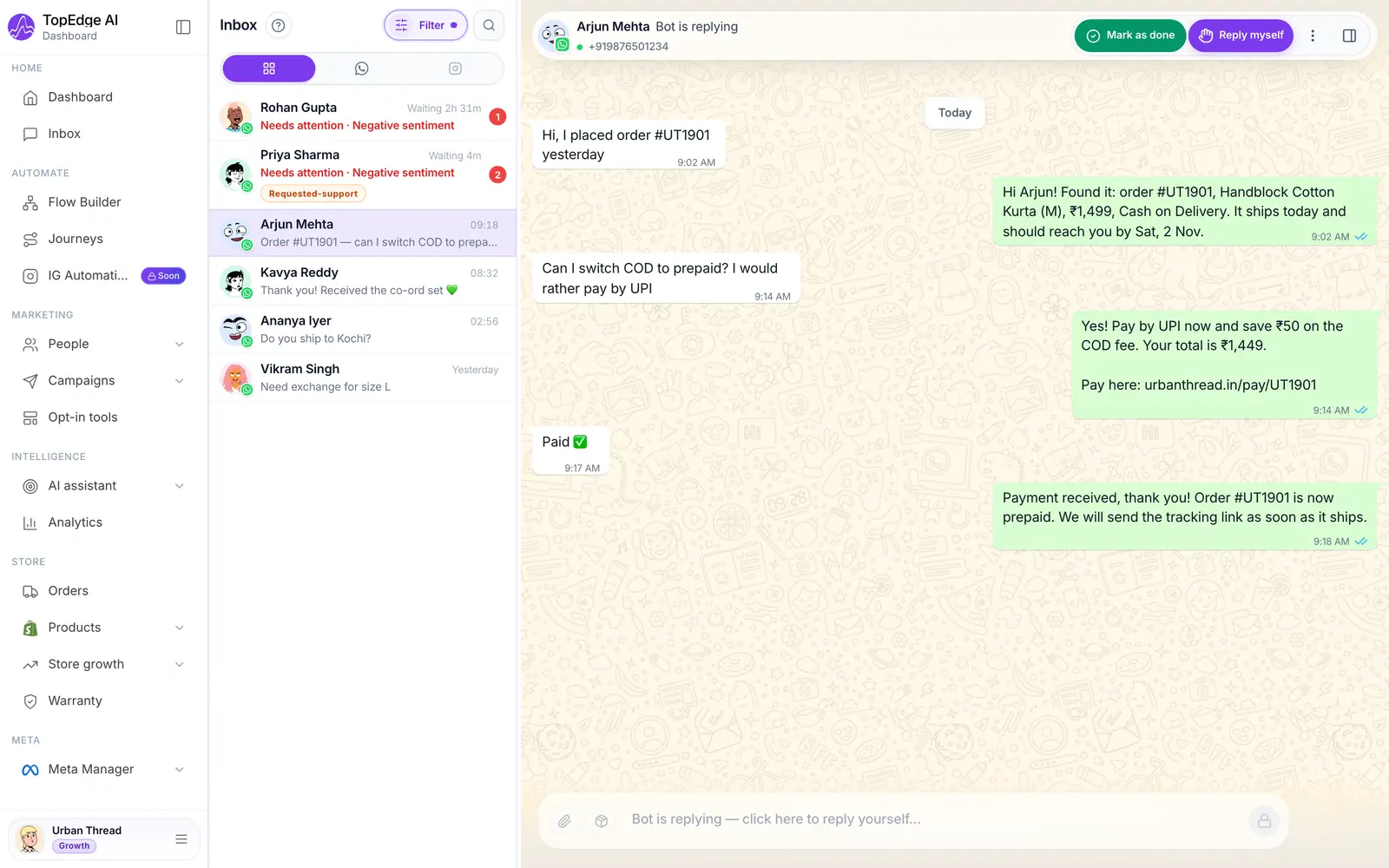 Live Chat three-pane layout: conversation list, open thread with composer, and customer context with recent orders