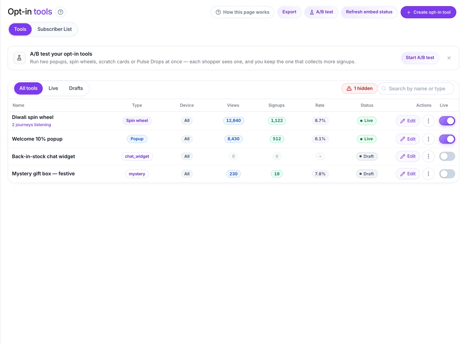 Opt-in tools hub listing popups, spin wheels and the WhatsApp widget with their status