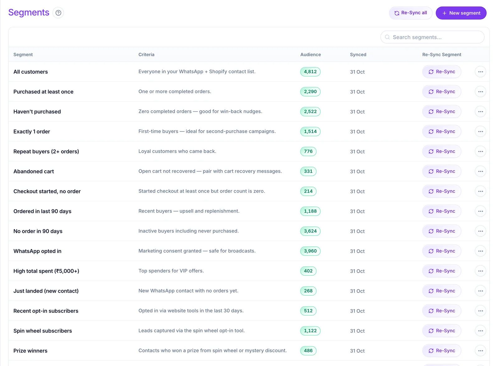 Segments list showing saved segments and how many contacts each one matches