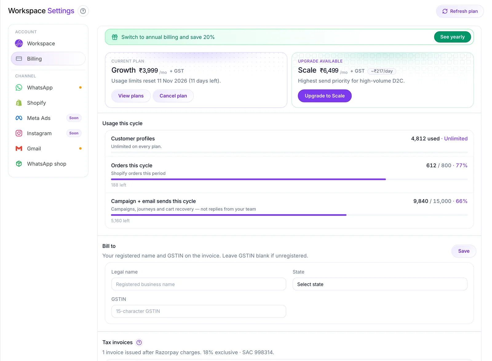 Billing tab with the current plan, cycle usage against caps, and invoices