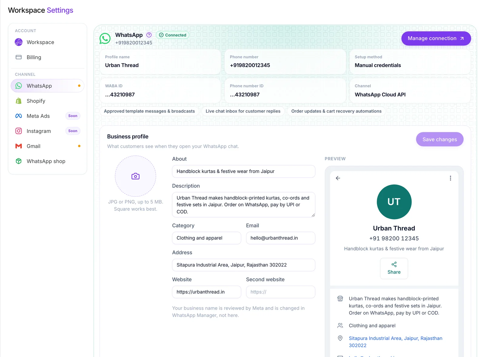 Settings with the WhatsApp and Shopify channel cards