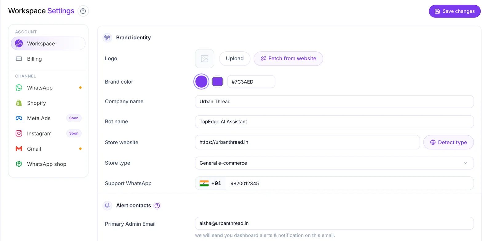 Workspace settings with brand identity, alert contacts and security sections