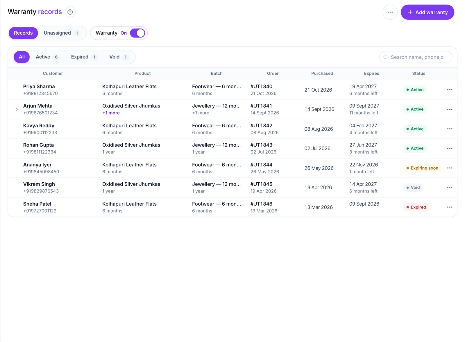 Warranty hub showing warranty records with product, customer and status