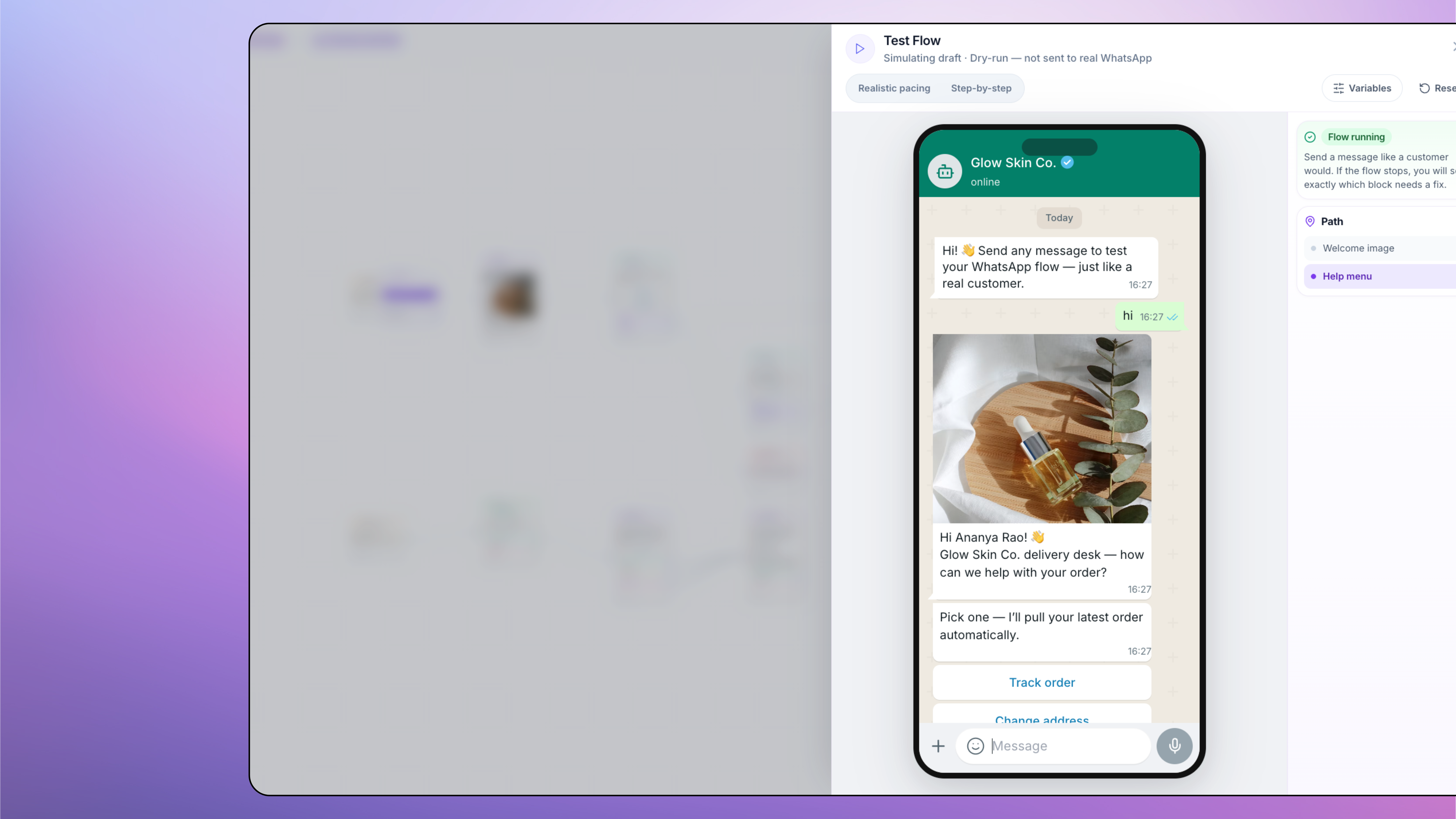 Test Flow simulator phone preview for WhatsApp chatbot before publish
