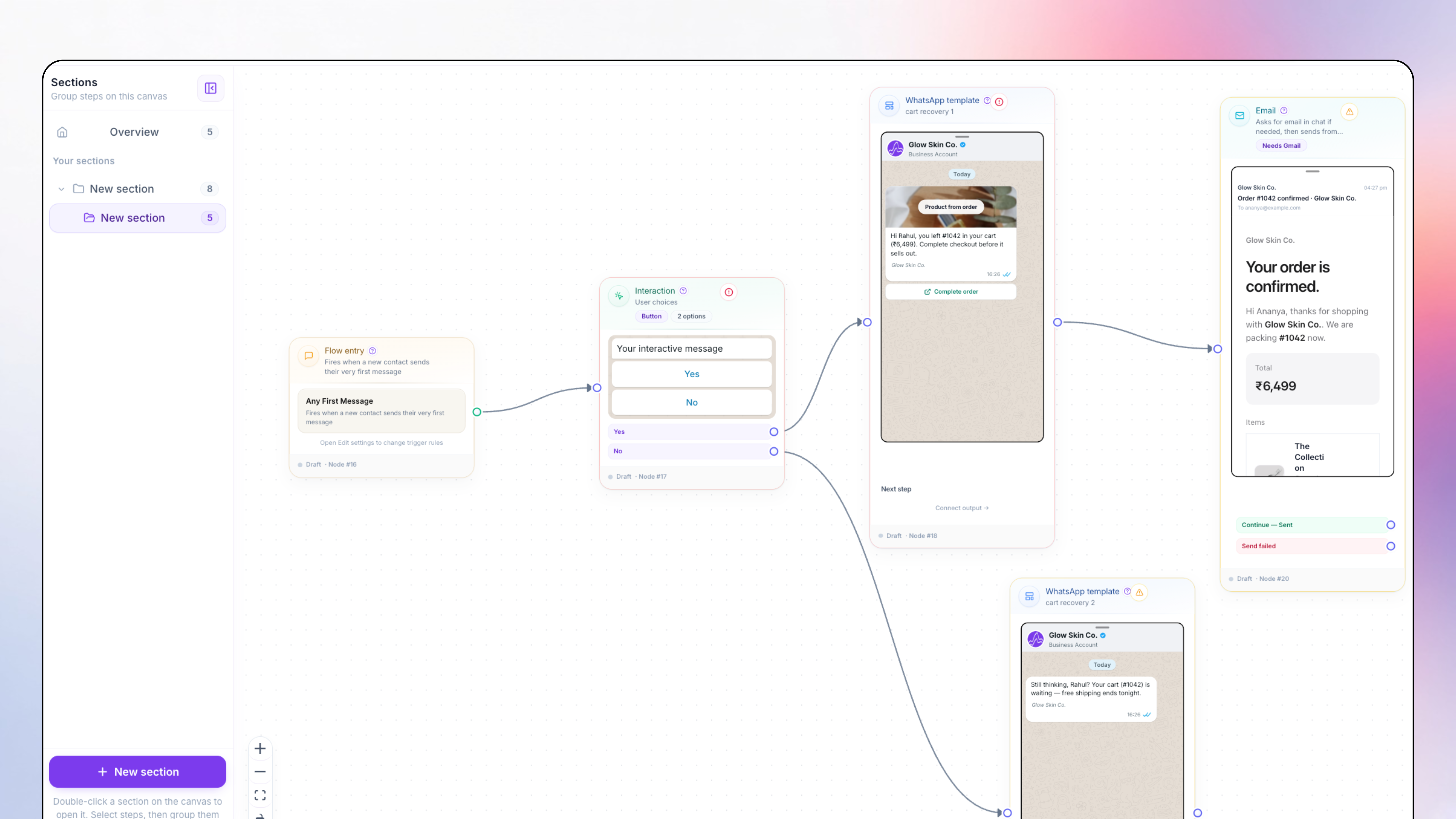TopEdge Flow Builder home, WhatsApp flows and folders for Shopify