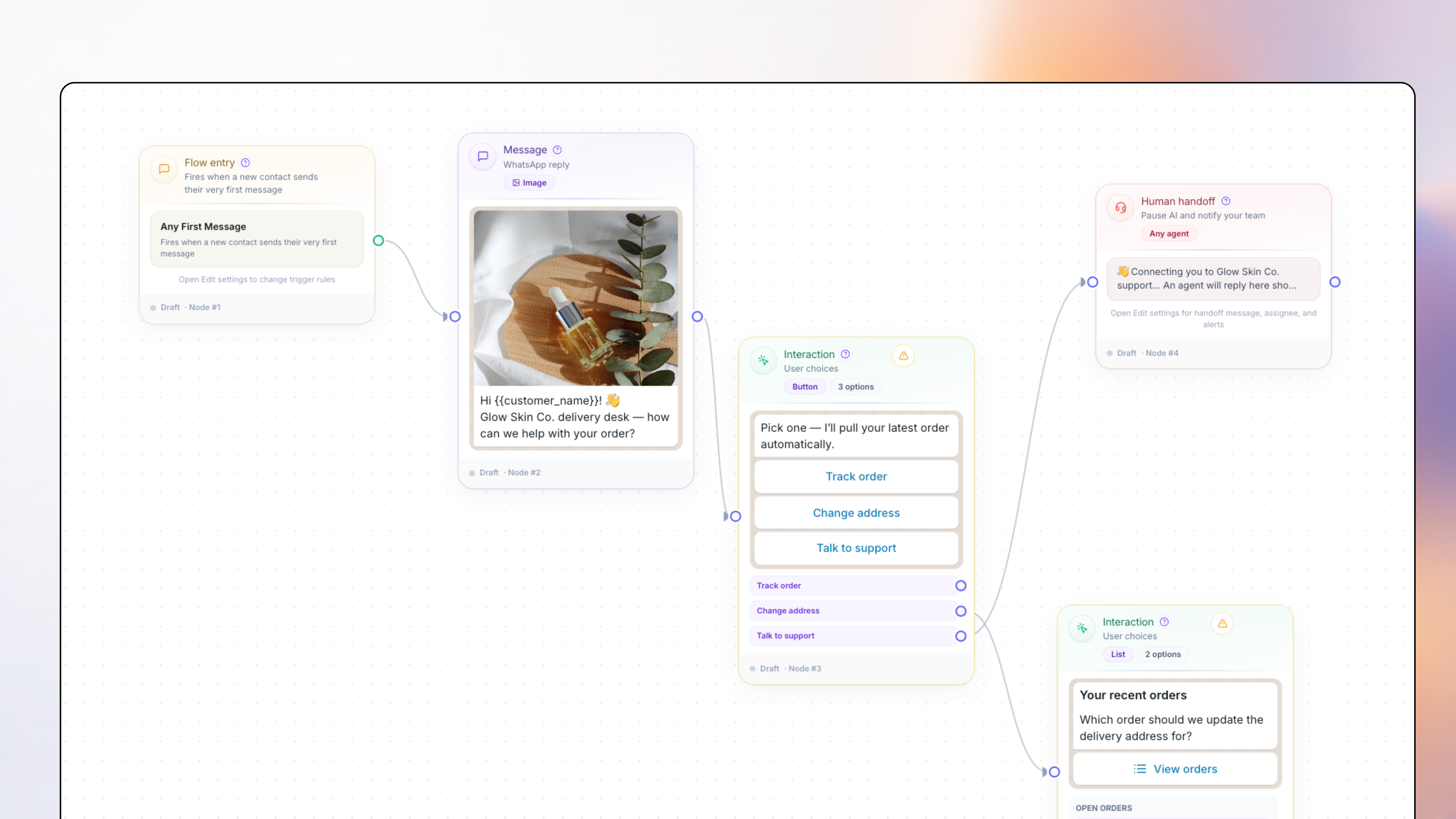 WhatsApp interactive buttons, lists, and conditional branches on Flow Builder canvas