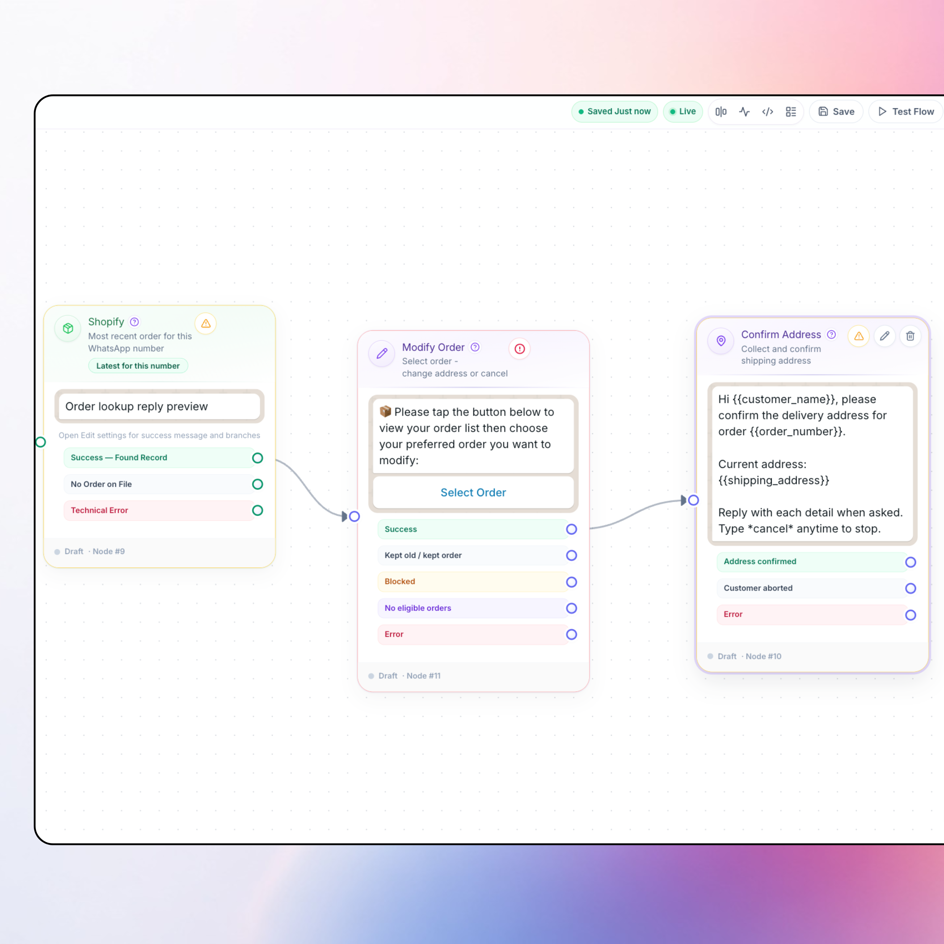 Flow Builder Shopify tools, order lookup, address update, and catalog send nodes