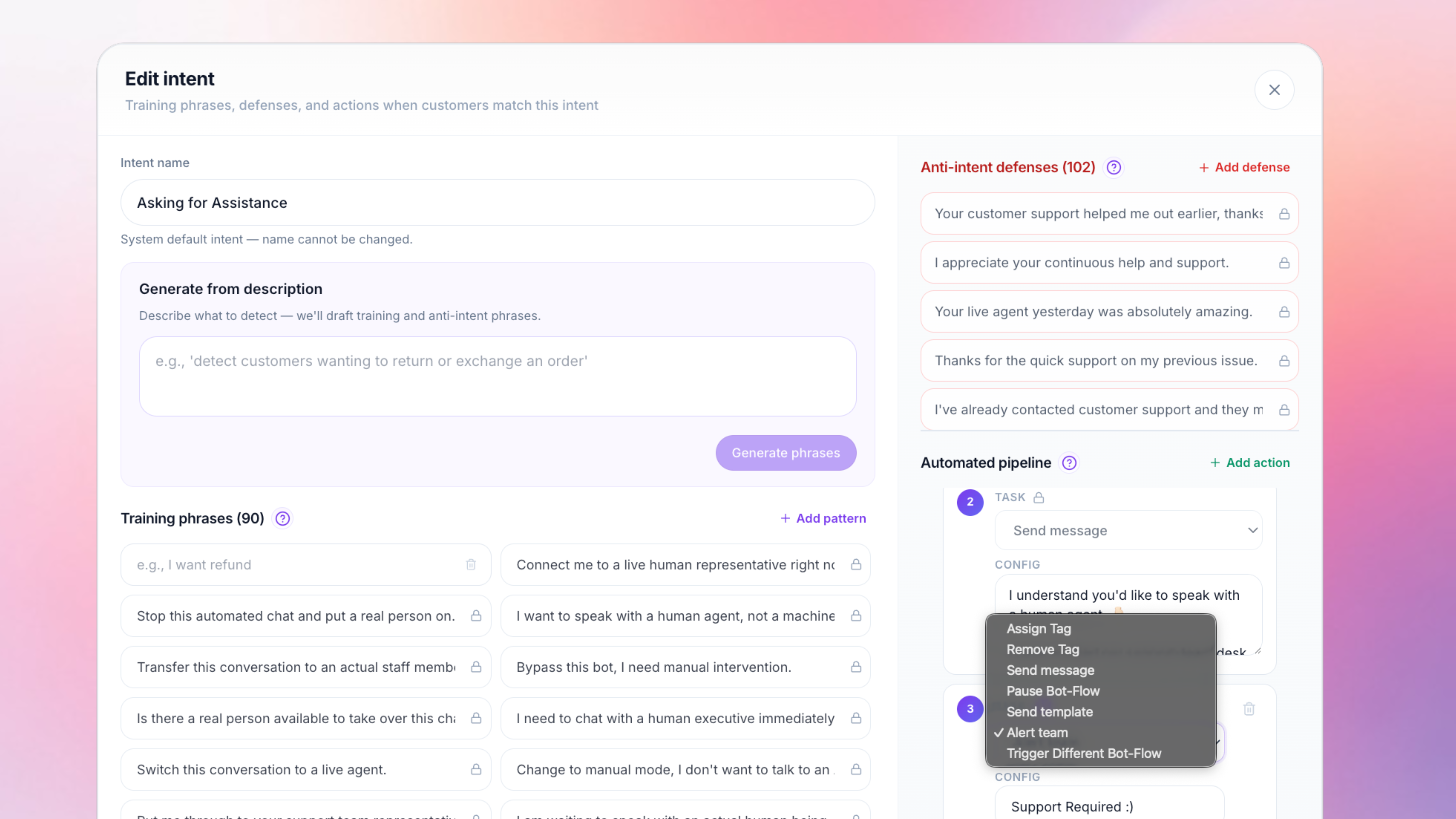 Intent editor, phrases and routing action for WhatsApp chatbot flows