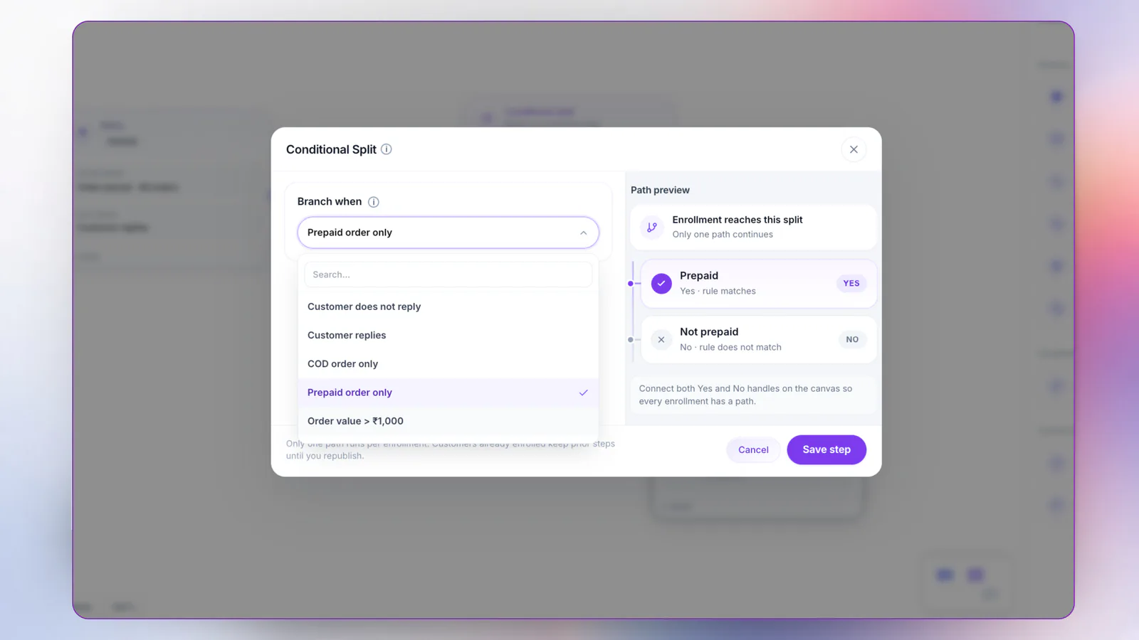 Conditional WhatsApp journey routes for COD vs prepaid on Shopify