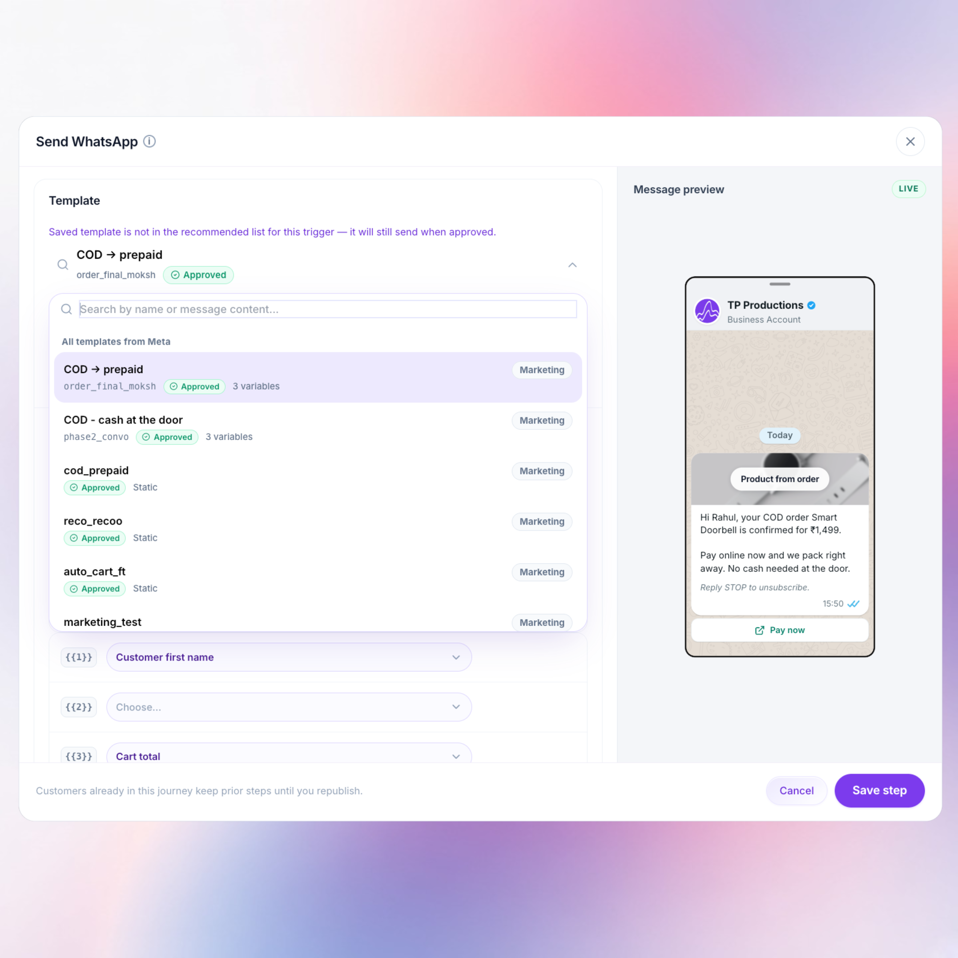 Meta WhatsApp template approval status gating on journey canvas