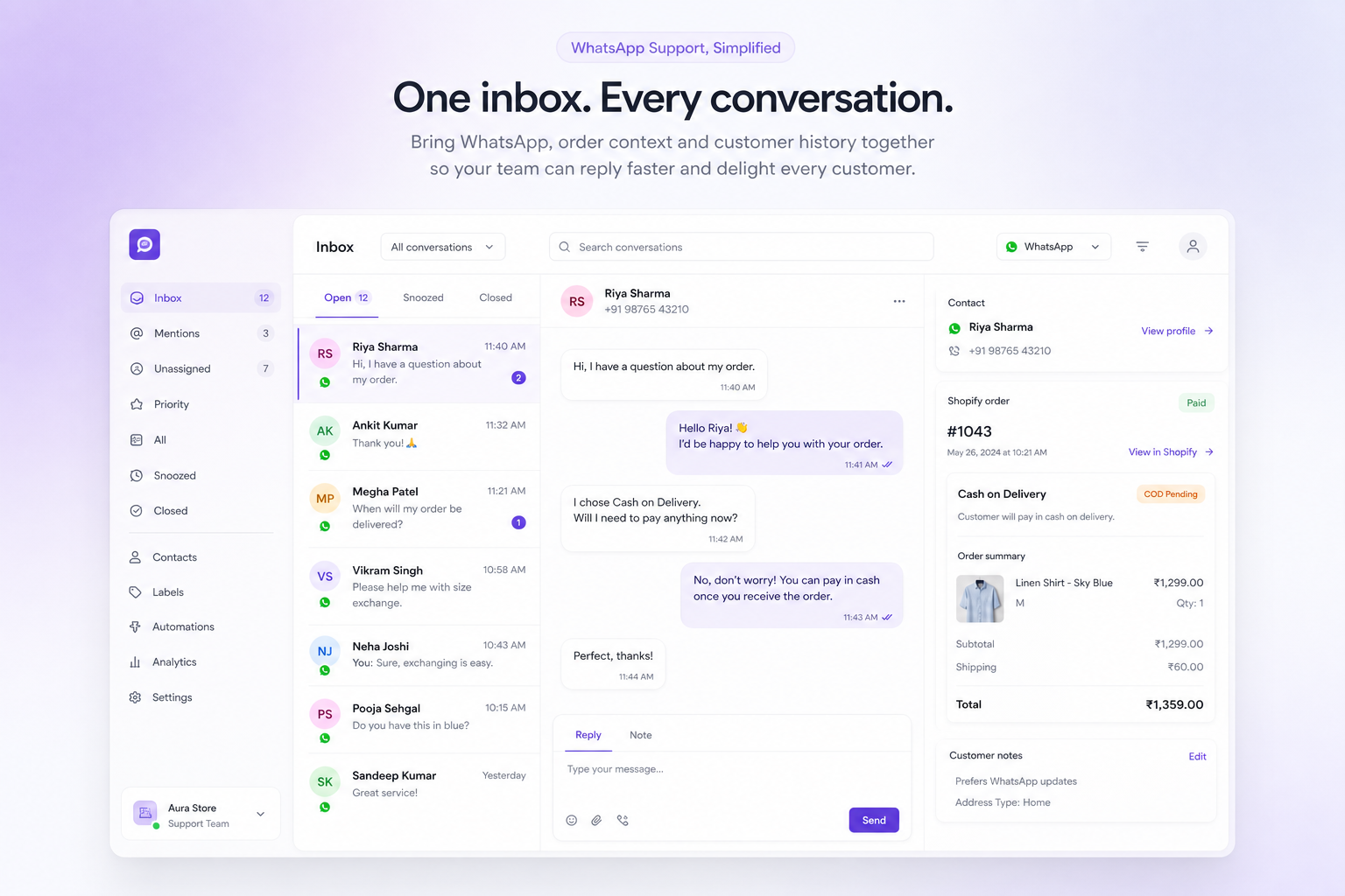 Shopify event flowing into WhatsApp automation for cart, COD, order updates, and support