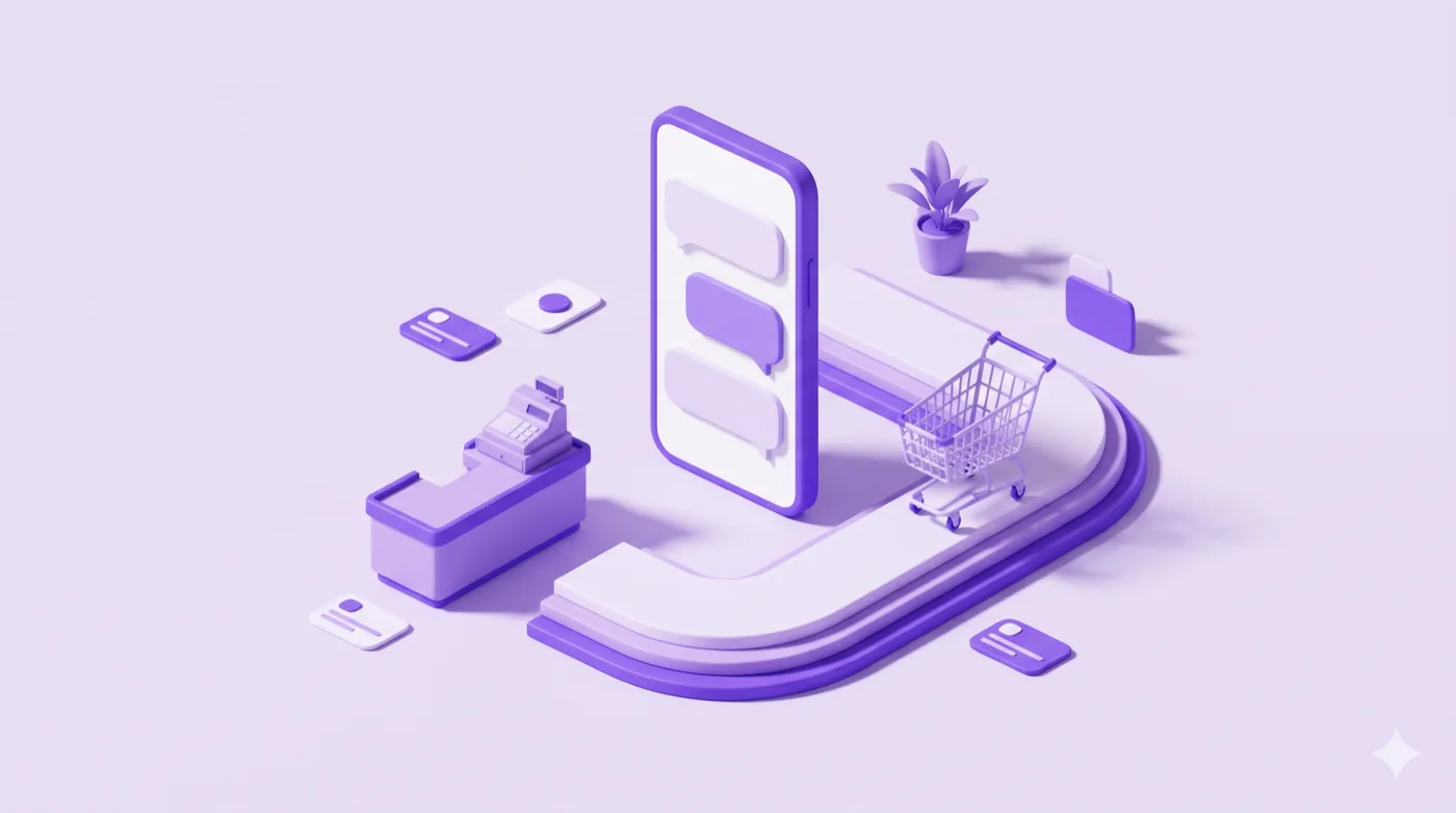 An isometric scene: a phone showing chat bubbles, a shop checkout counter to one side, and a shopping cart stopped on a winding path that curves back toward the counter.