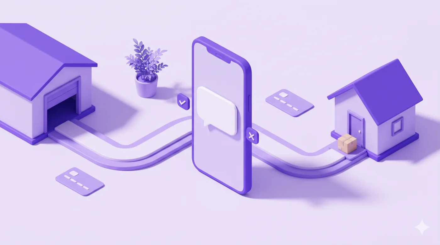 An isometric scene: a phone showing a chat bubble with a tick and a cross beside it, a warehouse on one side and a house with a parcel at the door on the other.