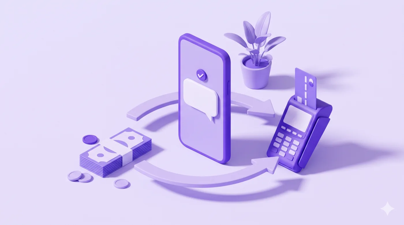 An isometric scene: a phone showing a chat bubble with a tick, a stack of cash on one side and a card payment terminal on the other, joined by a curved arrow.