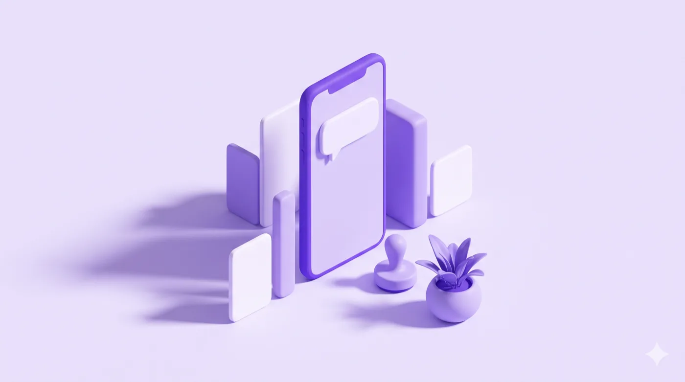 An isometric scene of a phone showing a chat message, with template cards and a stamp of approval around it.