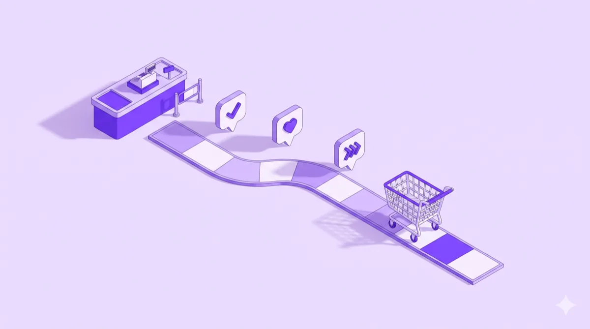 An isometric illustration of a shop checkout counter with a path leading away to a stalled shopping cart, and message markers along the path pointing it back.
