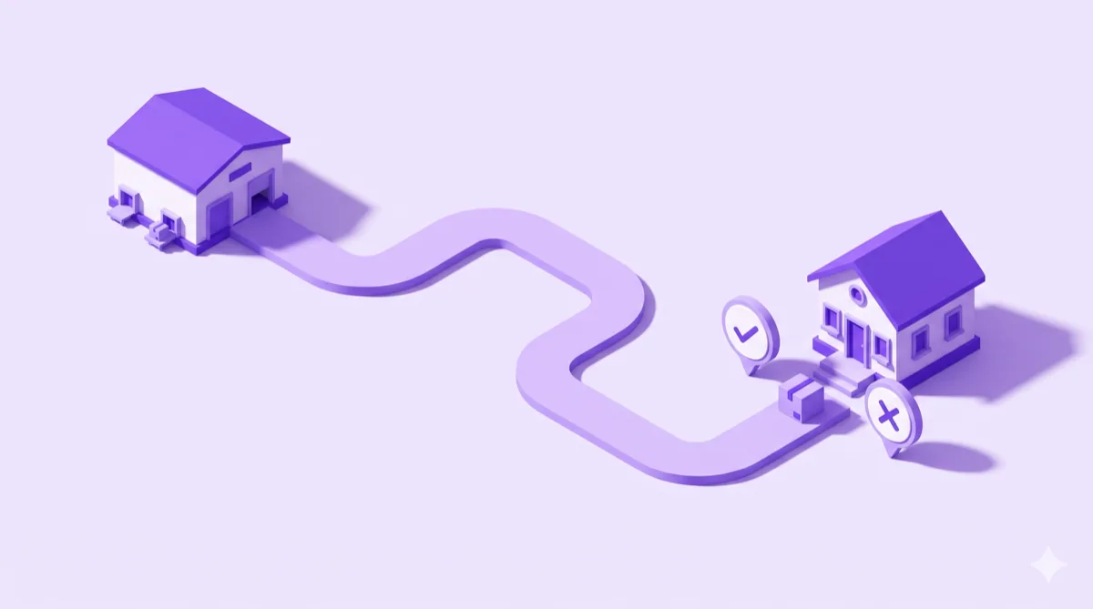 An isometric illustration of a parcel at a house door with a confirm and a cancel marker beside it, and a path leading back to a warehouse.