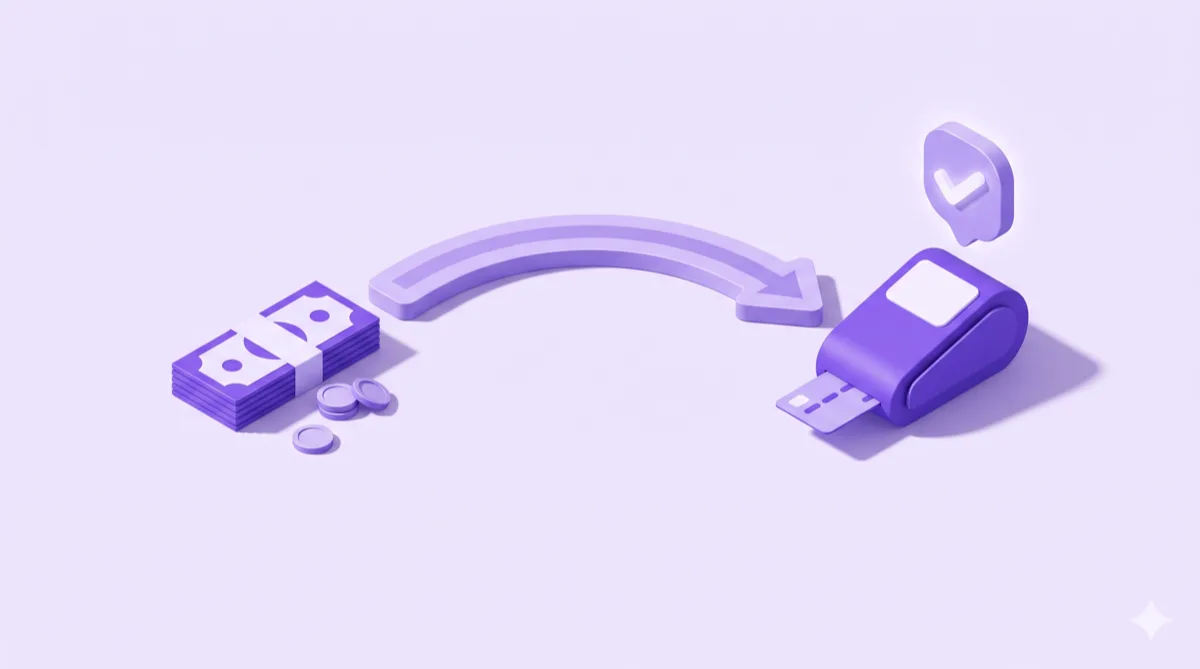 An isometric illustration of a stack of cash with a curved arrow sweeping across to a card payment terminal under a confirmation tick.