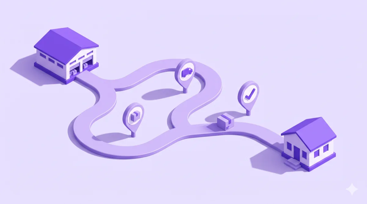 An isometric illustration of a parcel travelling a winding path from a warehouse to a house, with three status markers standing along the route.