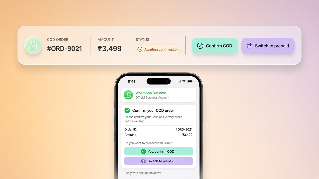 WhatsApp COD confirmation message with confirm, reschedule, and cancel options
