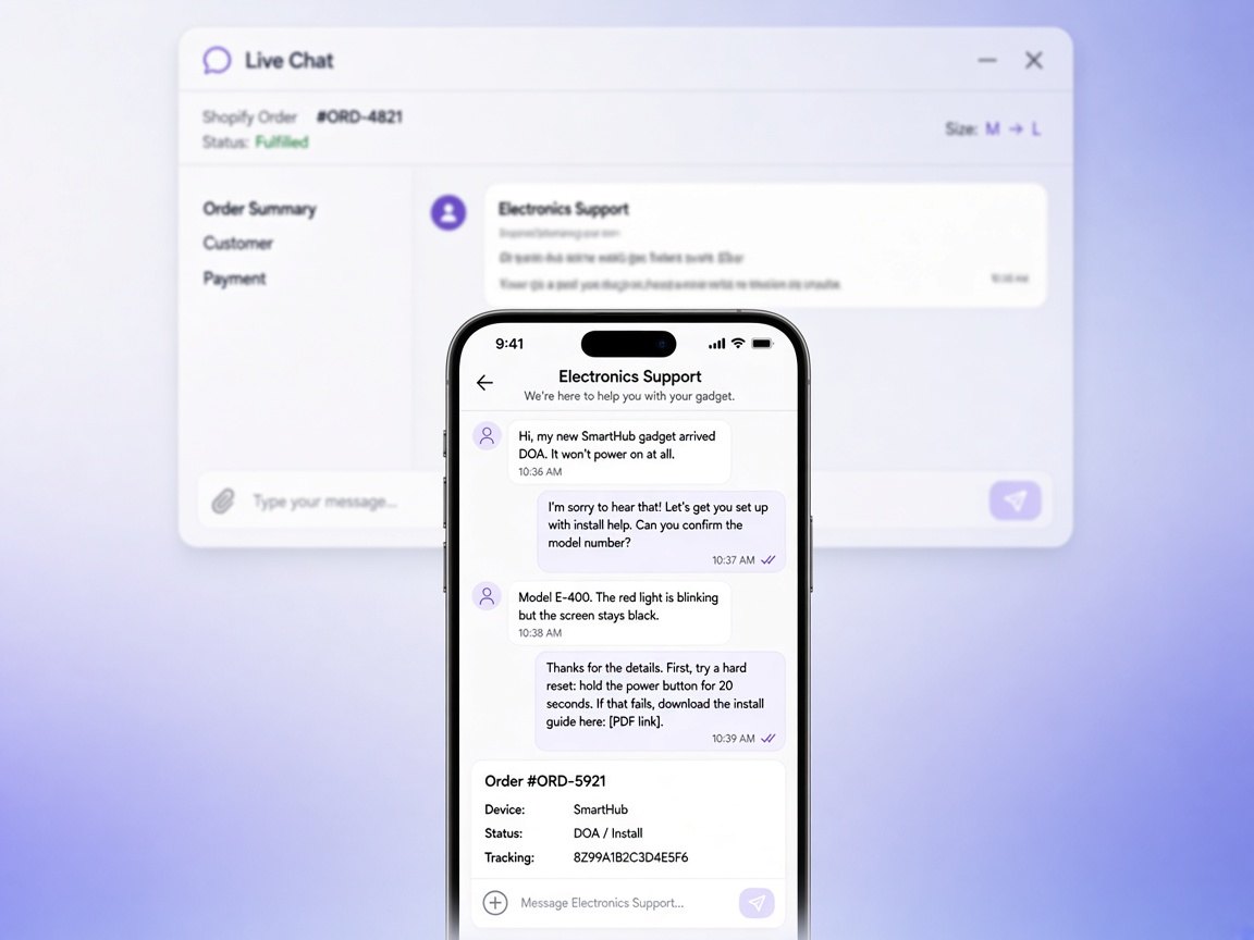AI WhatsApp chatbot answering Shopify catalog questions with human handoff