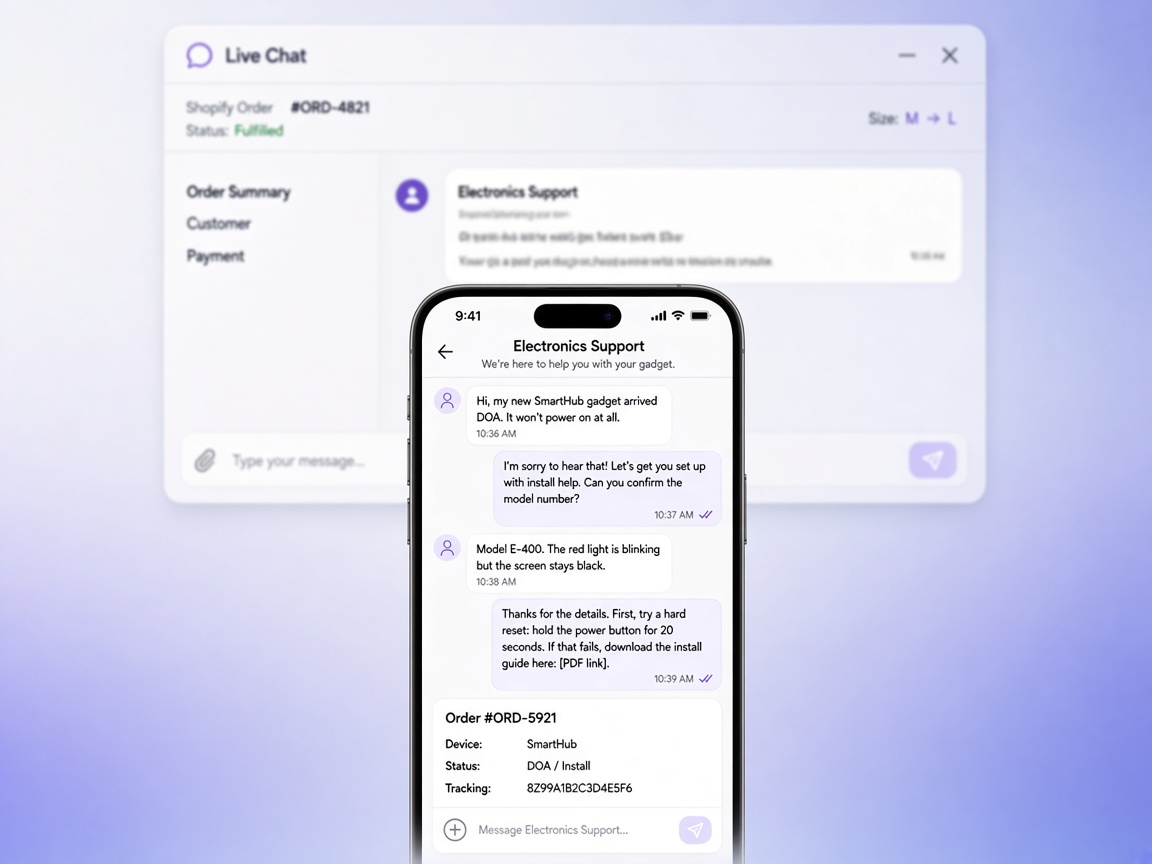 AI chatbot for Shopify answering product and order questions with human handover to Live Chat