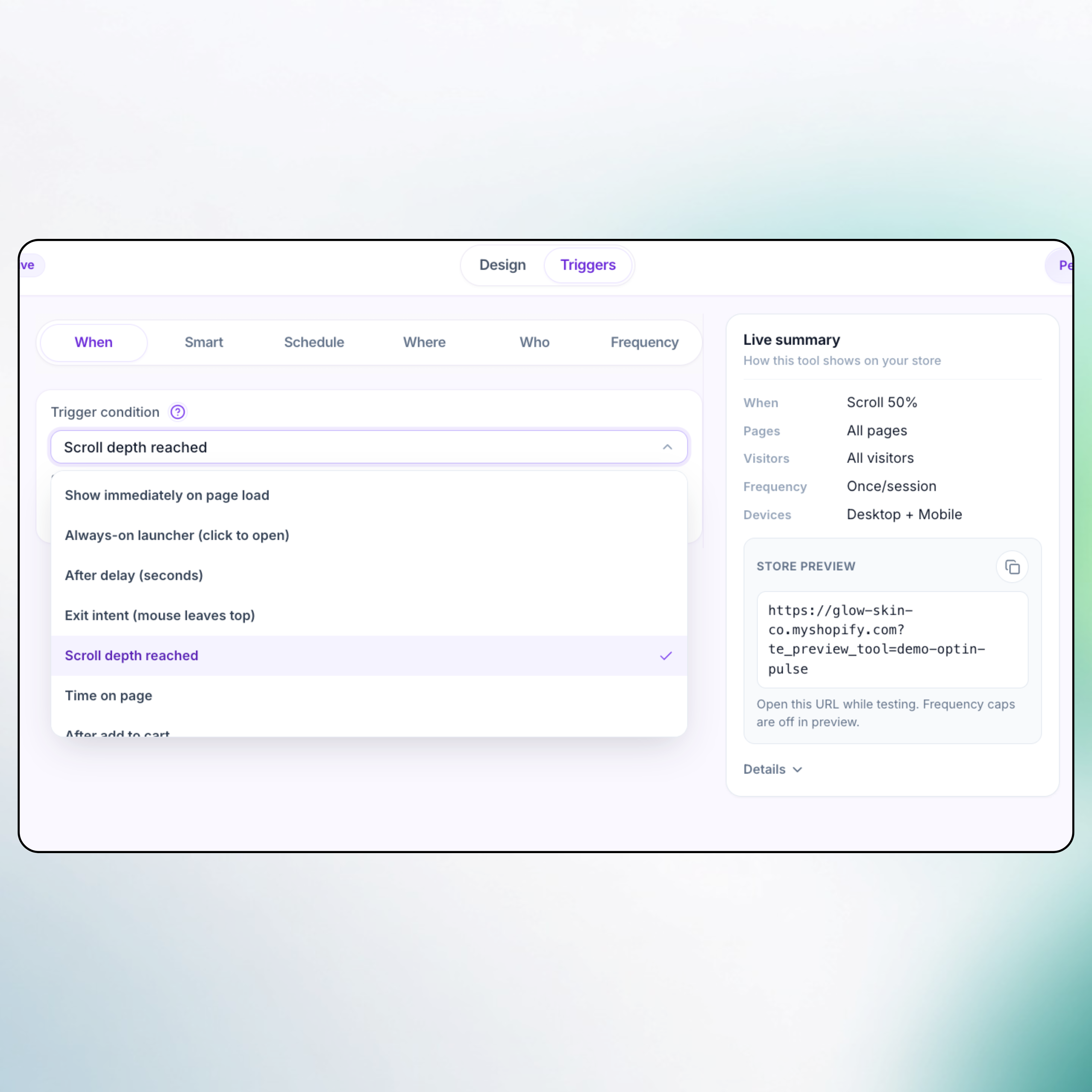 Opt-in trigger settings, delay, exit intent, scroll, and Shopify page rules