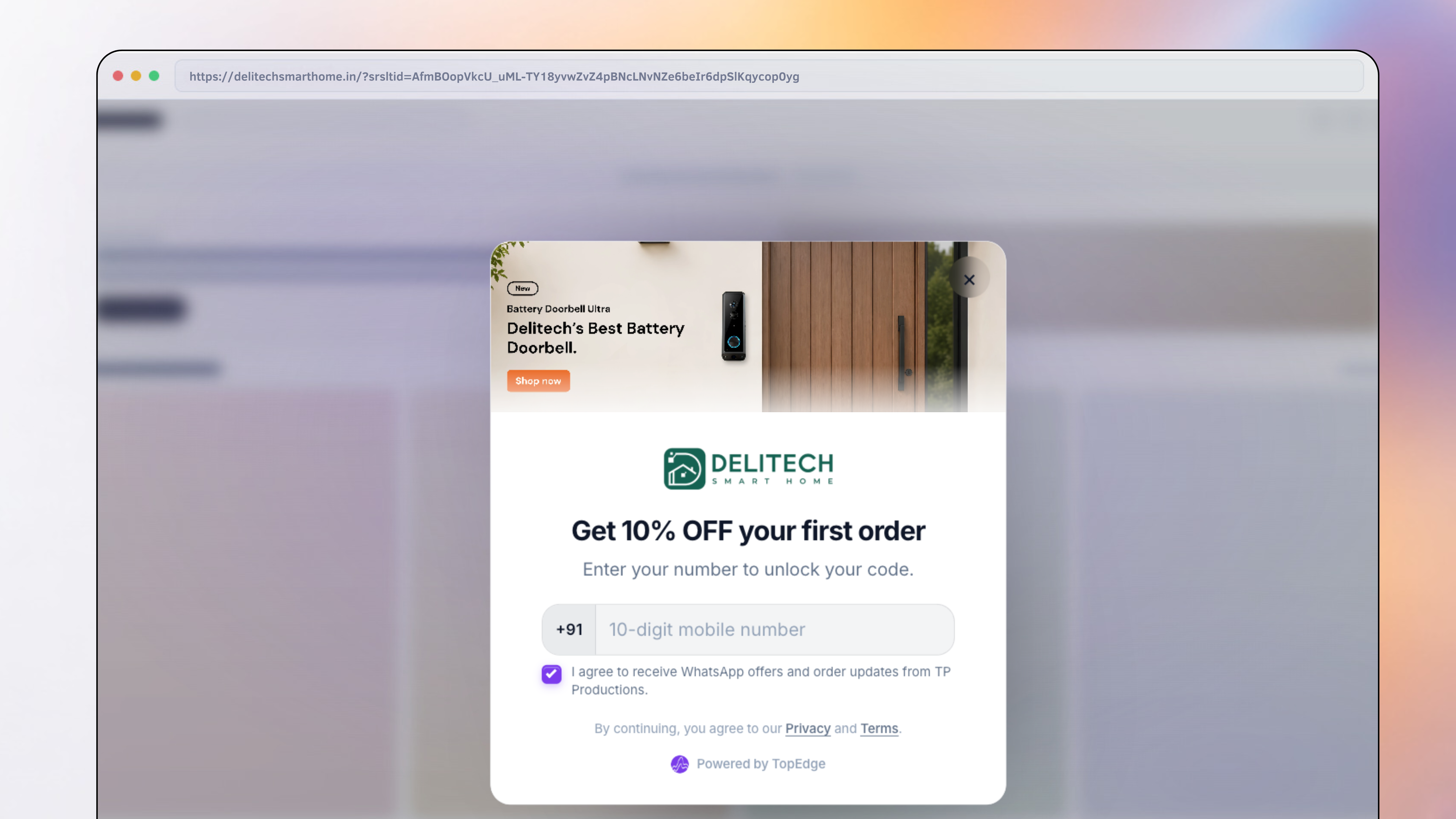 Shopify welcome popup capturing WhatsApp number with discount offer