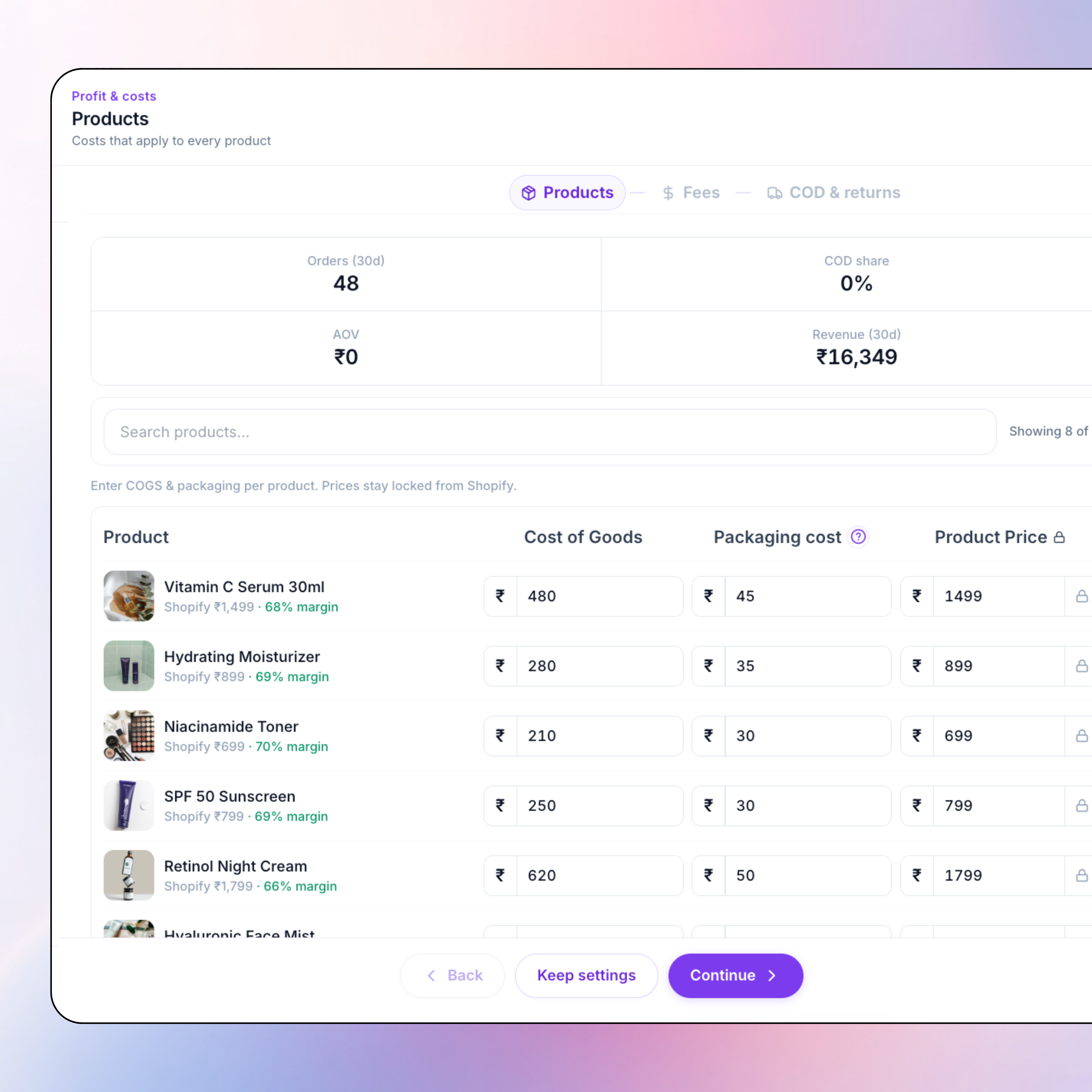 Profit & costs setup, Shopify products with COGS and packaging costs in ₹