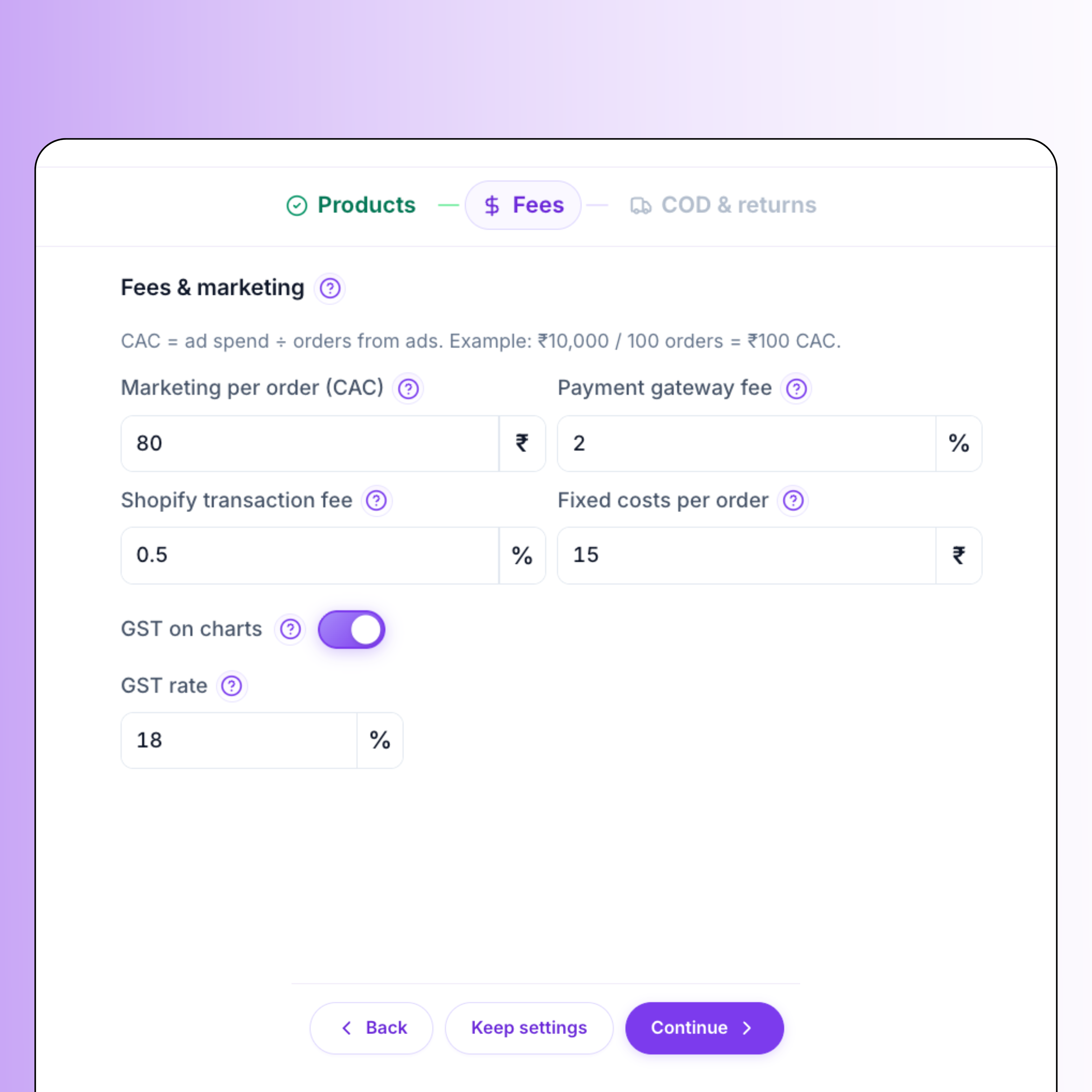 India D2C fee setup, payment gateway, Shopify, and marketing overhead costs