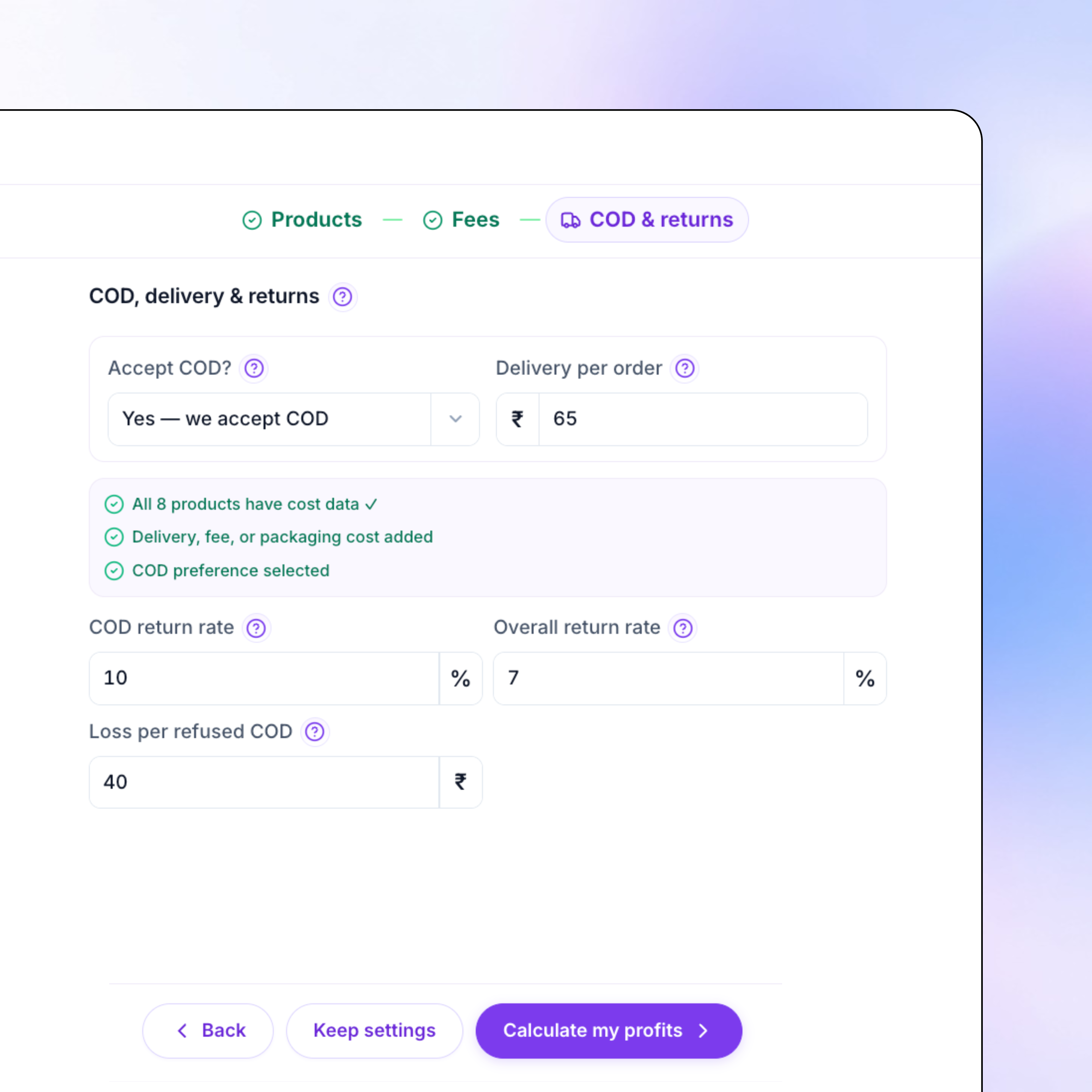 COD and RTO return cost settings for Indian D2C Shopify profit calculation