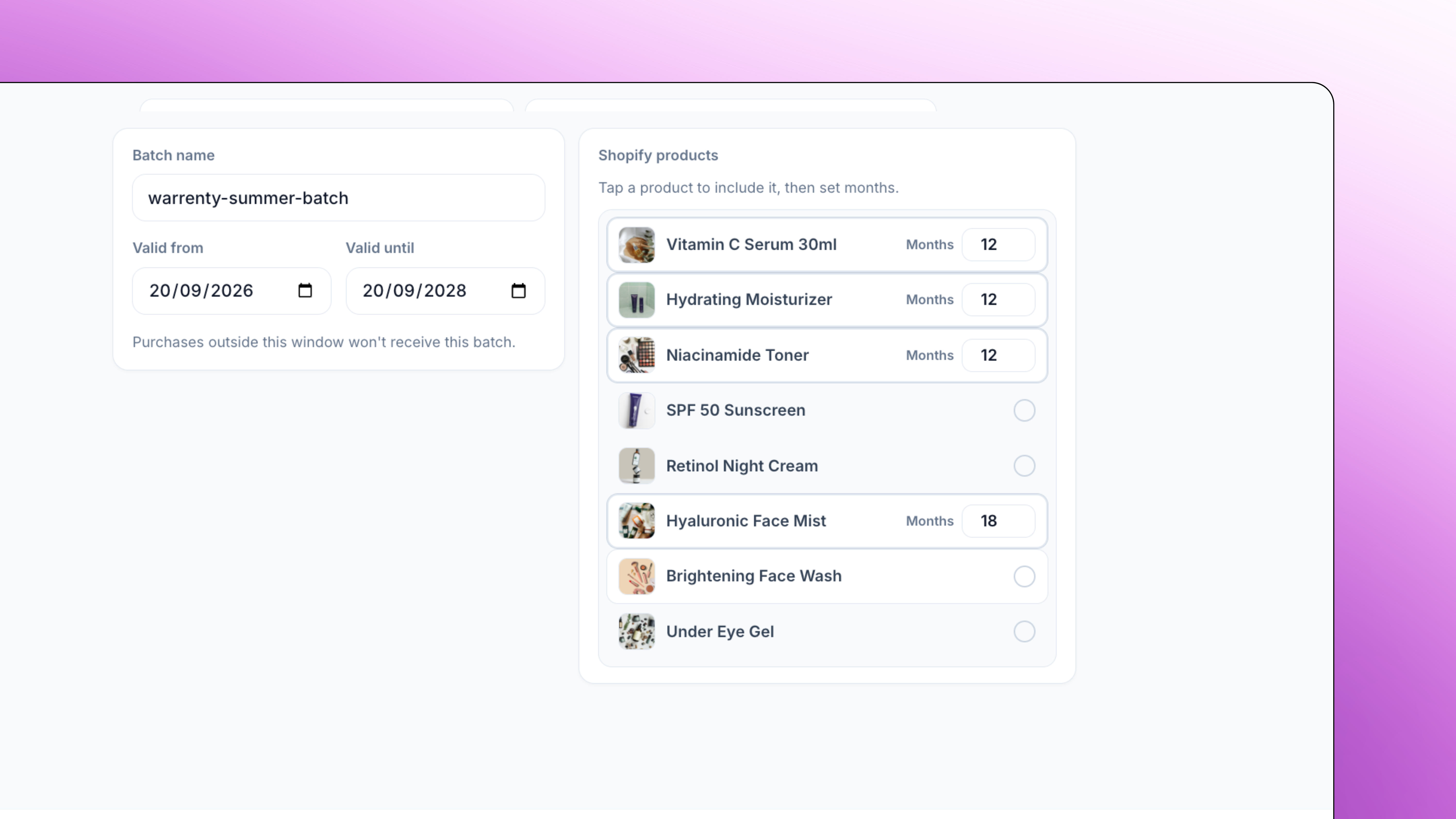 Digital warranty hub list, batches and status badges for Shopify orders