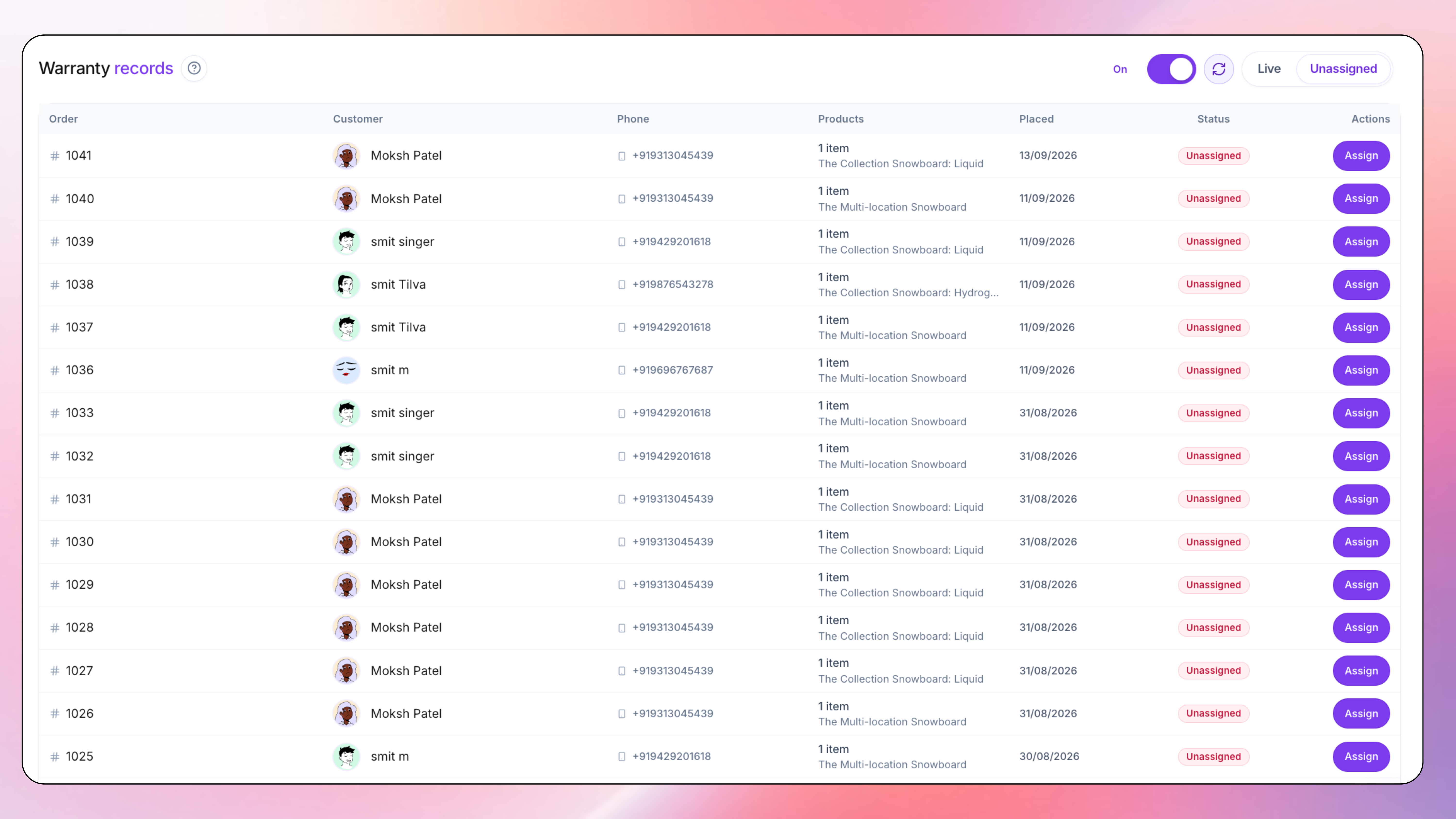 Unassigned warranty queue waiting for Shopify order or teammate assign